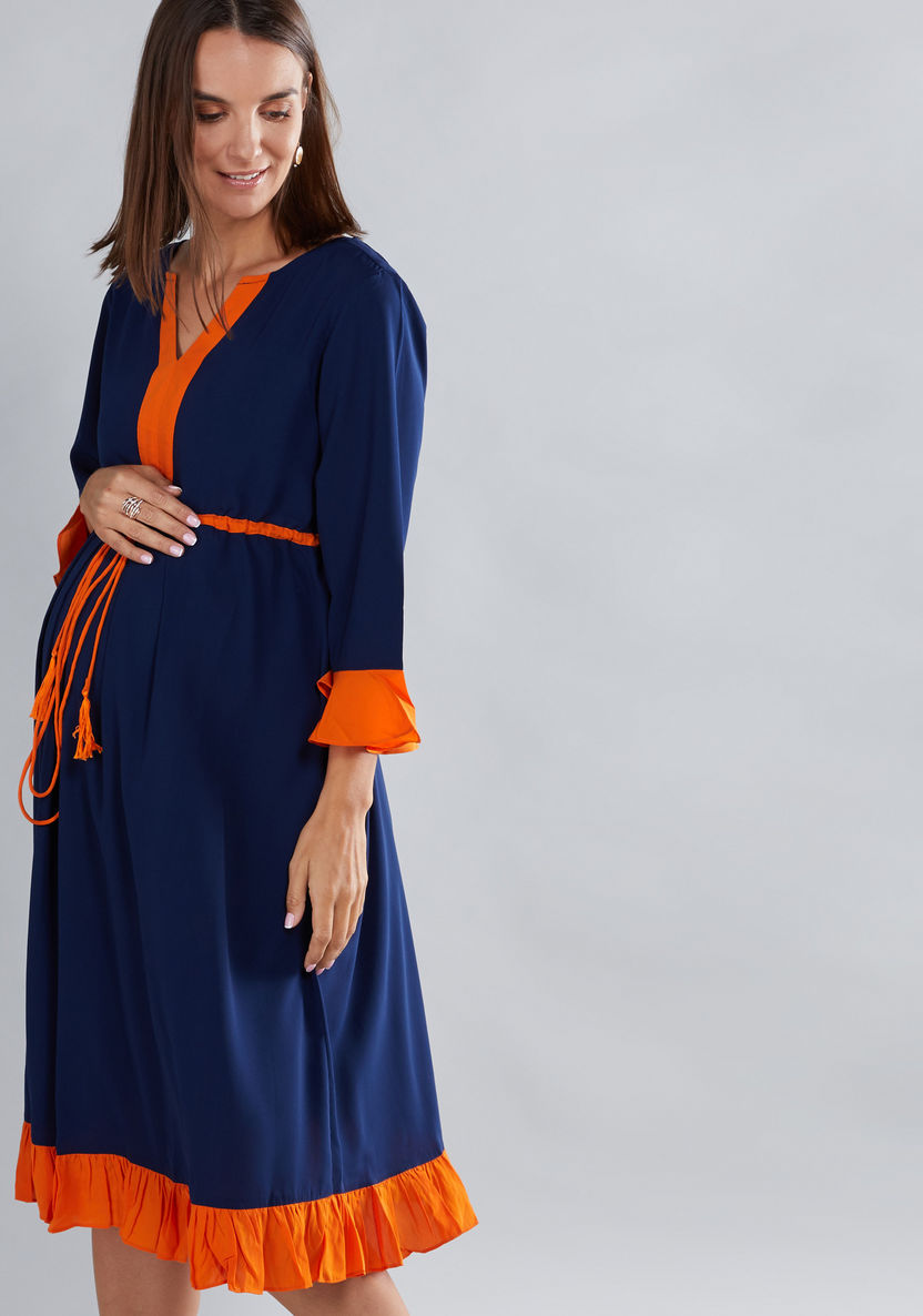 House of Napius Maternity Midi Dress with 3/4 Sleeves and Tie Ups-Dresses-image-2