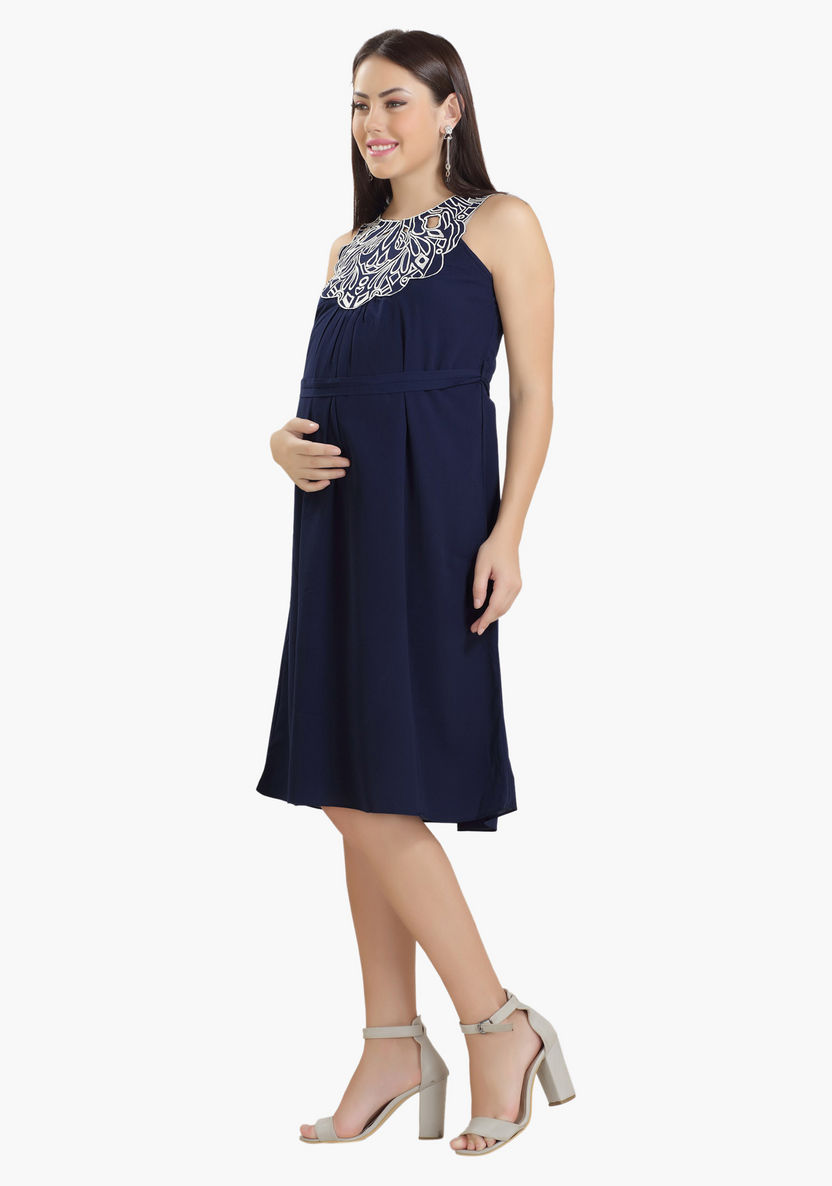 House of Napius Maternity Midi Dress with Embroidered Yoke-Dresses-image-2