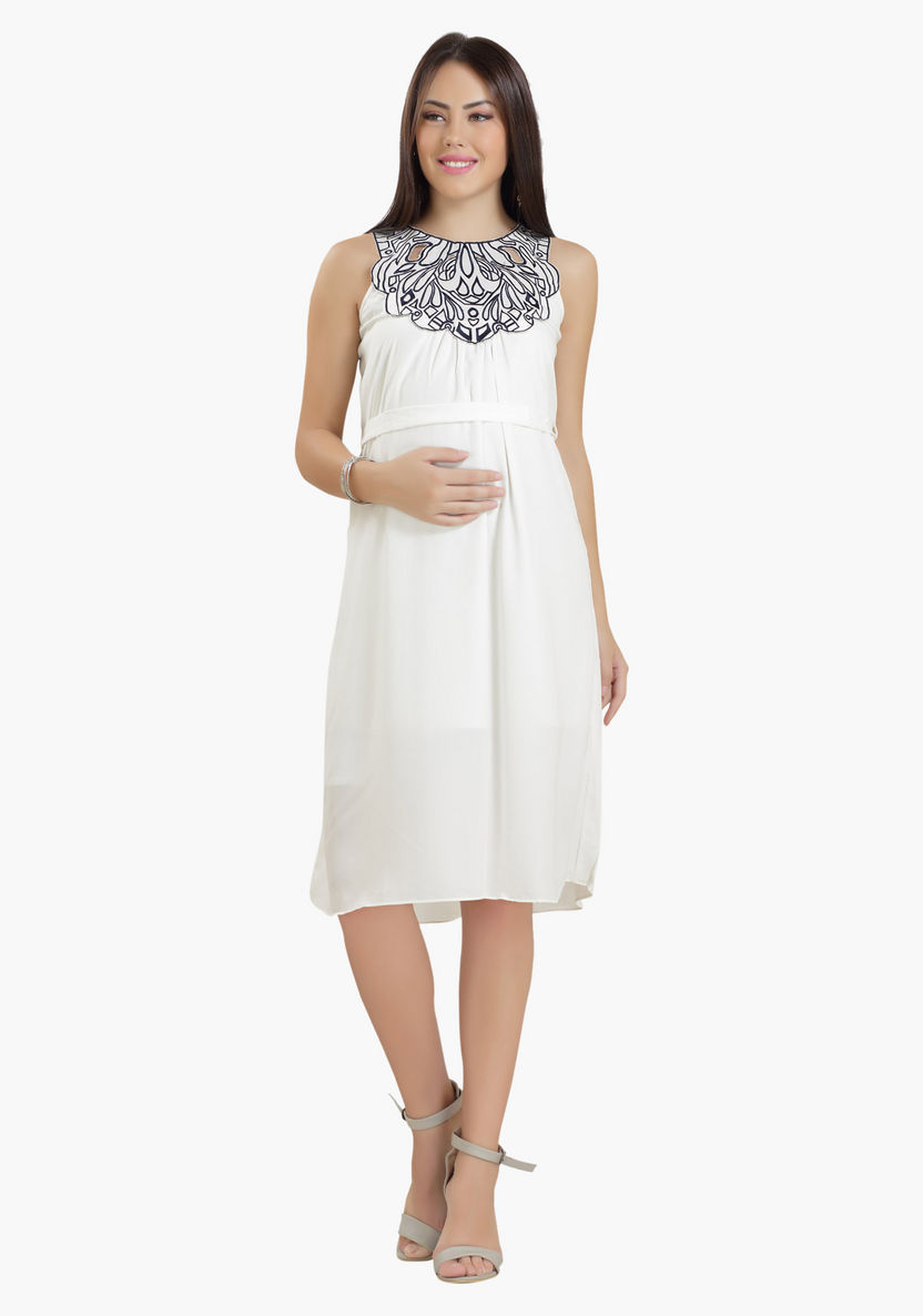 House of Napius Maternity Midi Dress with Embroidered Yoke-Dresses-image-0