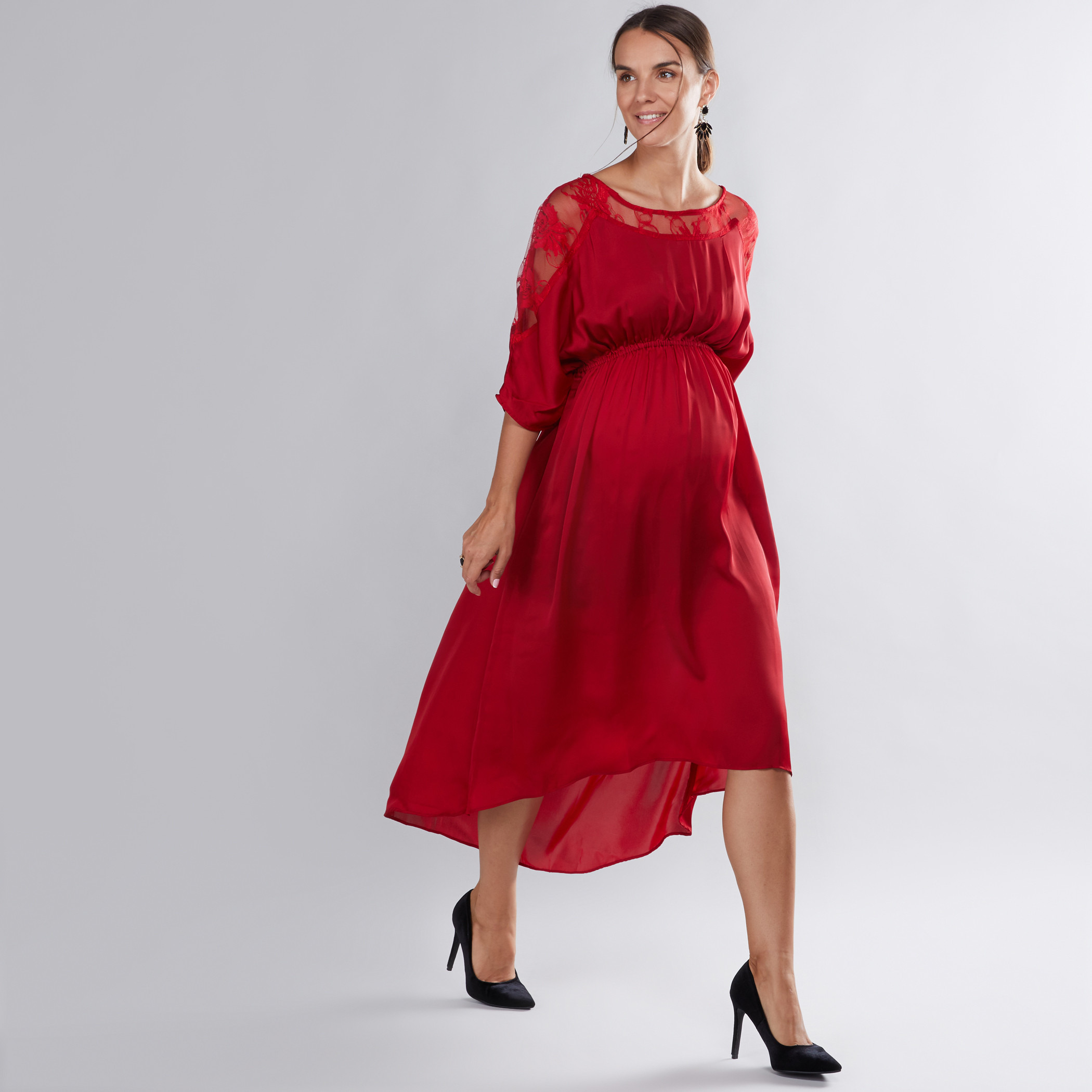 فستان للحوامل بأكمام 3/4 مزيّن بالدانتيل من هاوس أوف نابيوس-baby-maternalcare-maternitywear-image-1