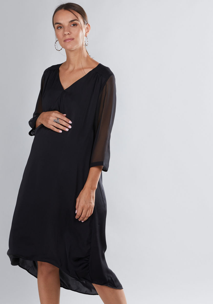 House of Napius Maternity Midi Dress with V-Neck and 3/4 Sleeves-Dresses-image-2