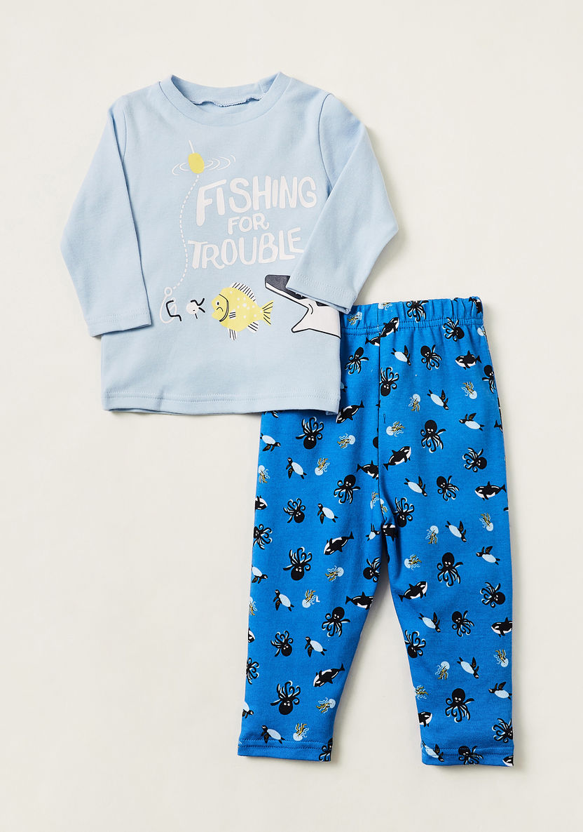 Juniors Printed Long Sleeves T-shirt and Pyjamas - Set of 2-Pyjama Sets-image-1
