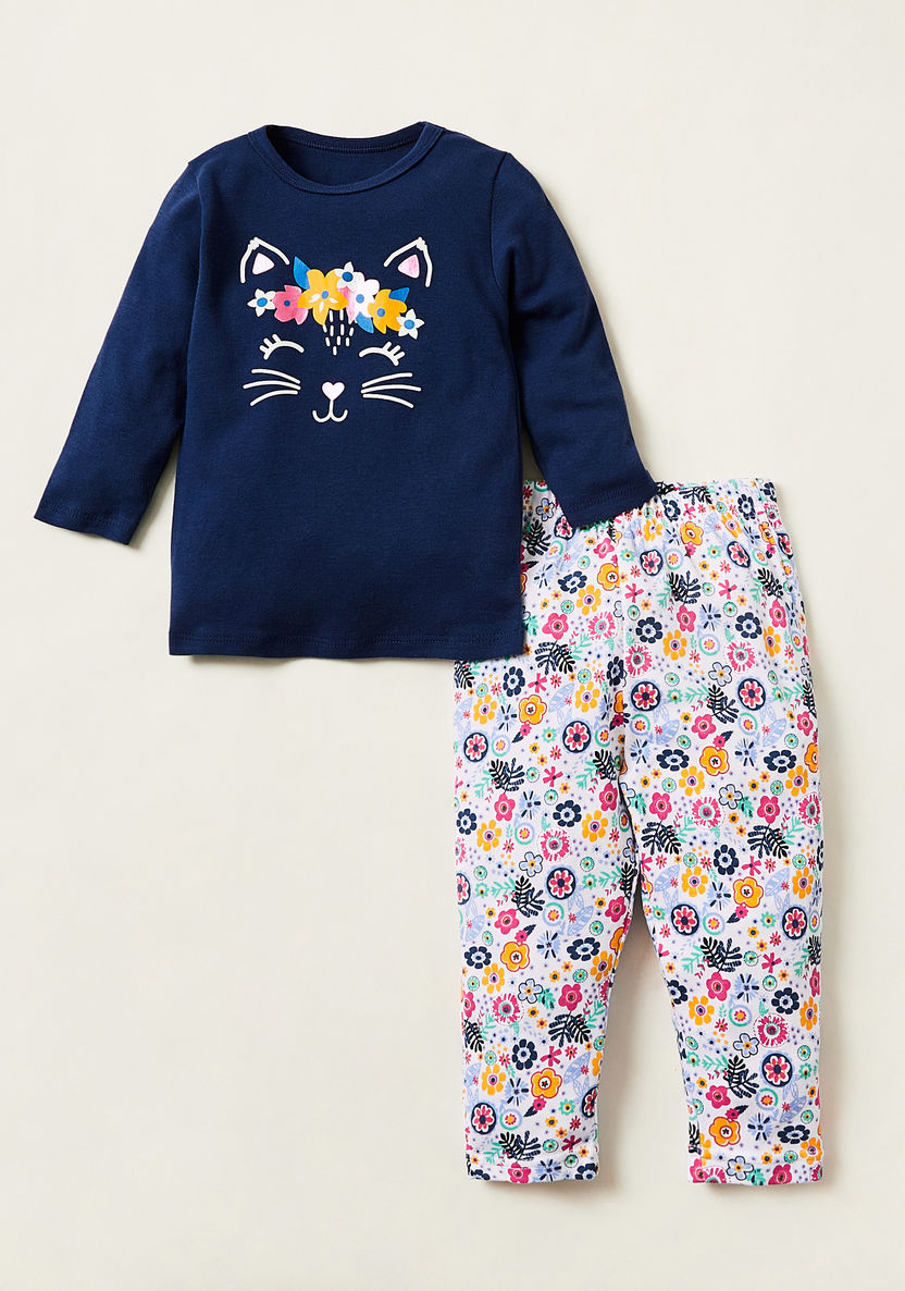 Juniors Printed Long Sleeves T-shirt and Pyjamas - Set of 2-Pyjama Sets-image-1