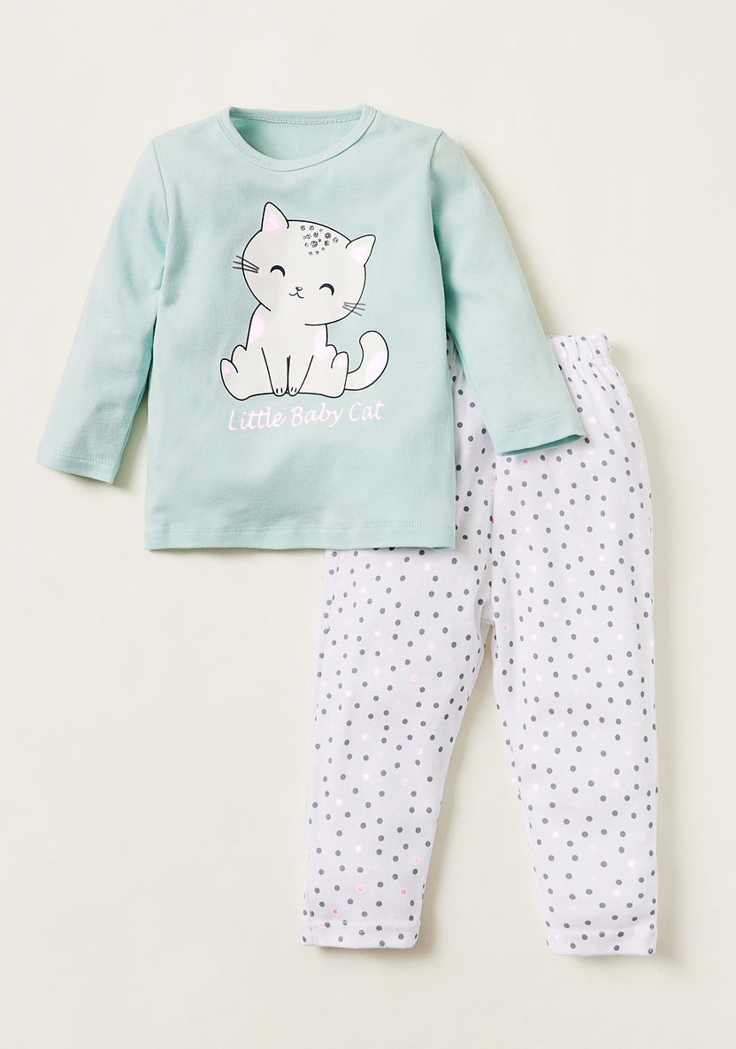 Juniors Printed Long Sleeves T-shirt and Pyjamas - Set of 2-Pyjama Sets-image-2