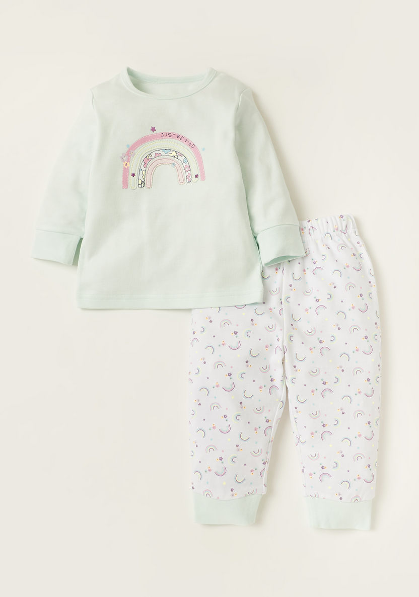Juniors Graphic Embroidered T-shirt and Printed Pyjama - Set of 2-Pyjama Sets-image-1