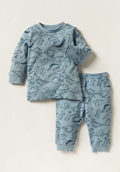Juniors Dinosaur Print Long Sleeve T-shirts and Pyjamas - Set of 2