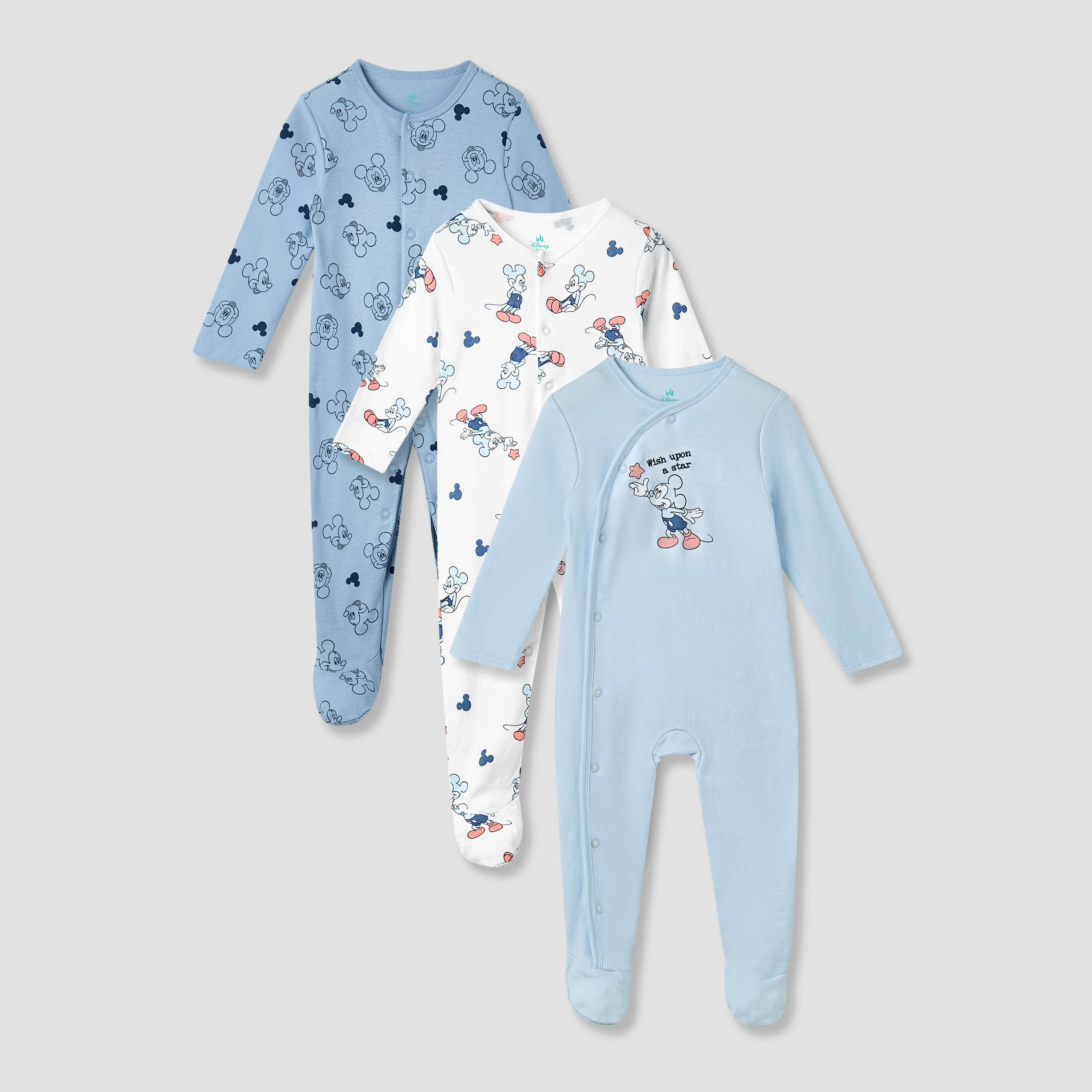 Disney Footed Sleepsuit with Mickey Mouse Print - Cotton - Long Sleeves - Set of 3-baby-boys-clothing-nightwear-sleepsuits-image-1