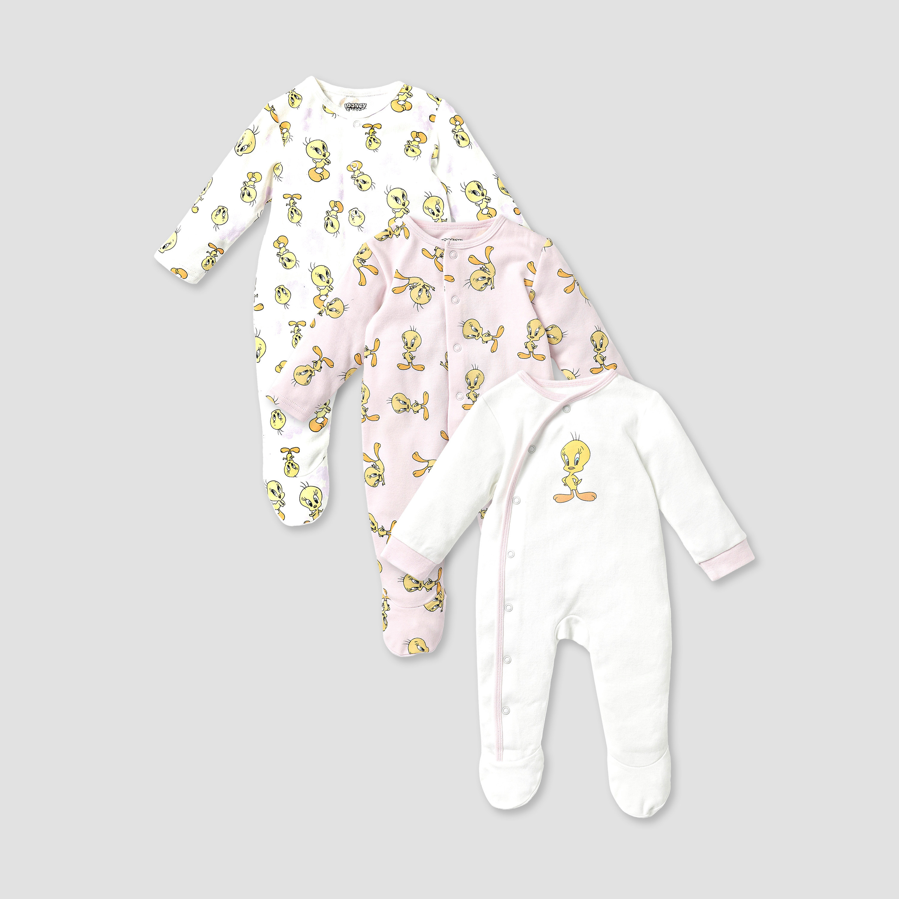 Disney Looney Tunes Print Closed Feet Sleepsuit with Long Sleeves - Set of 3-baby-girls-clothing-nightwear-sleepsuits-image-1