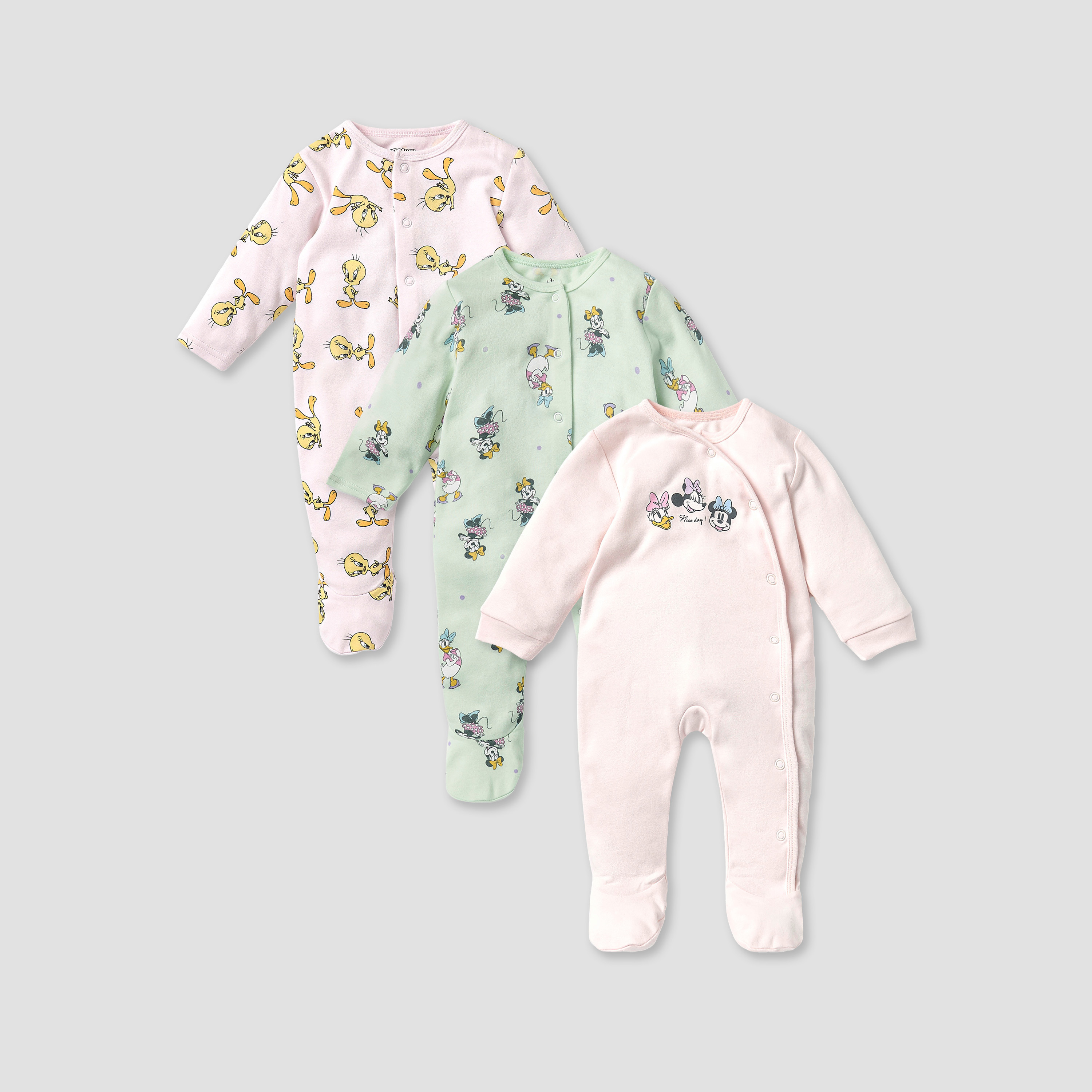 Disney Minnie and Daisy Print Closed Feet Sleepsuit with Button Closure - Set of 3-baby-girls-clothing-nightwear-sleepsuits-image-1