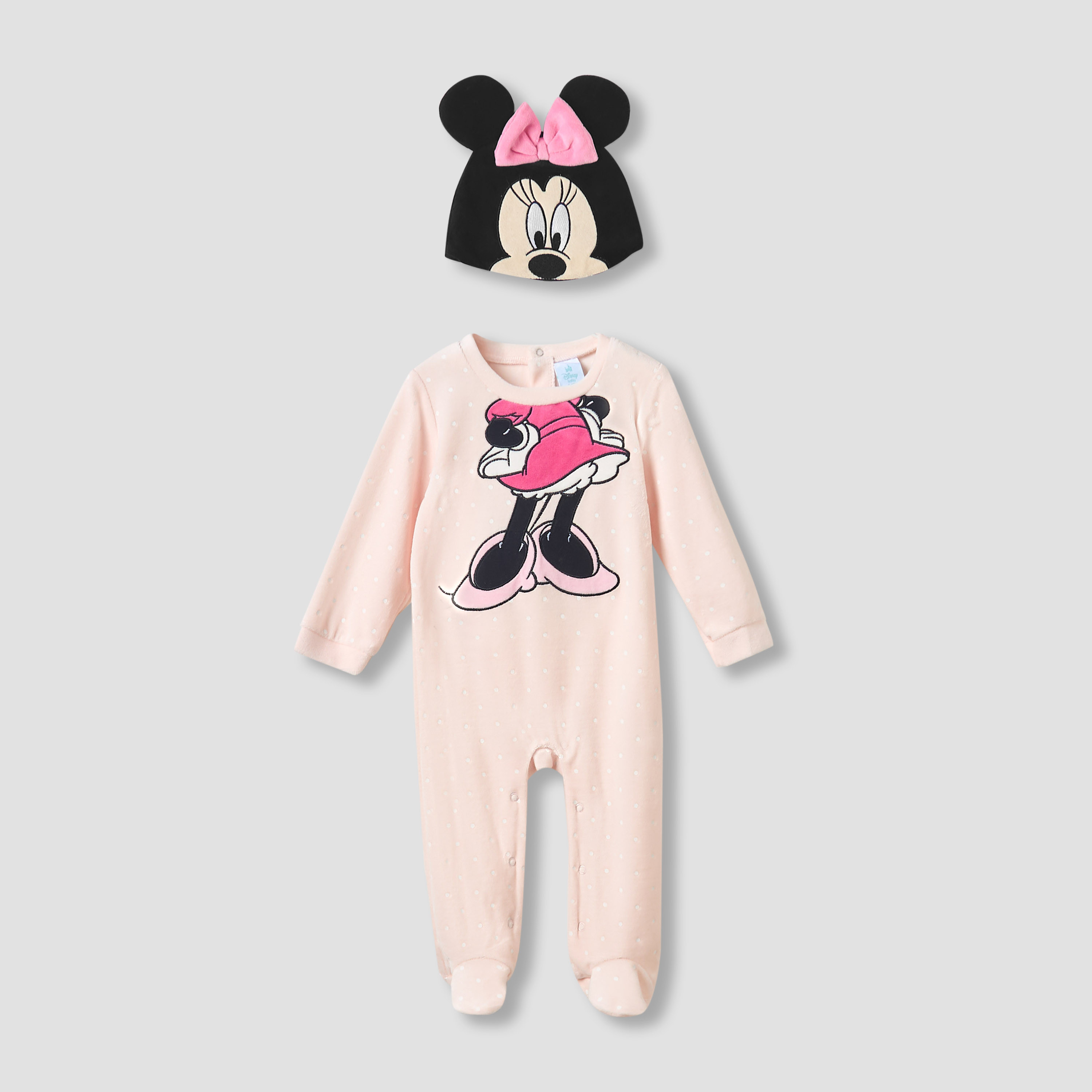 Disney Crew Neck Sleepsuit with Minnie Mouse Print and Cap - Long Sleeves-baby-girls-clothing-nightwear-sleepsuits-image-1