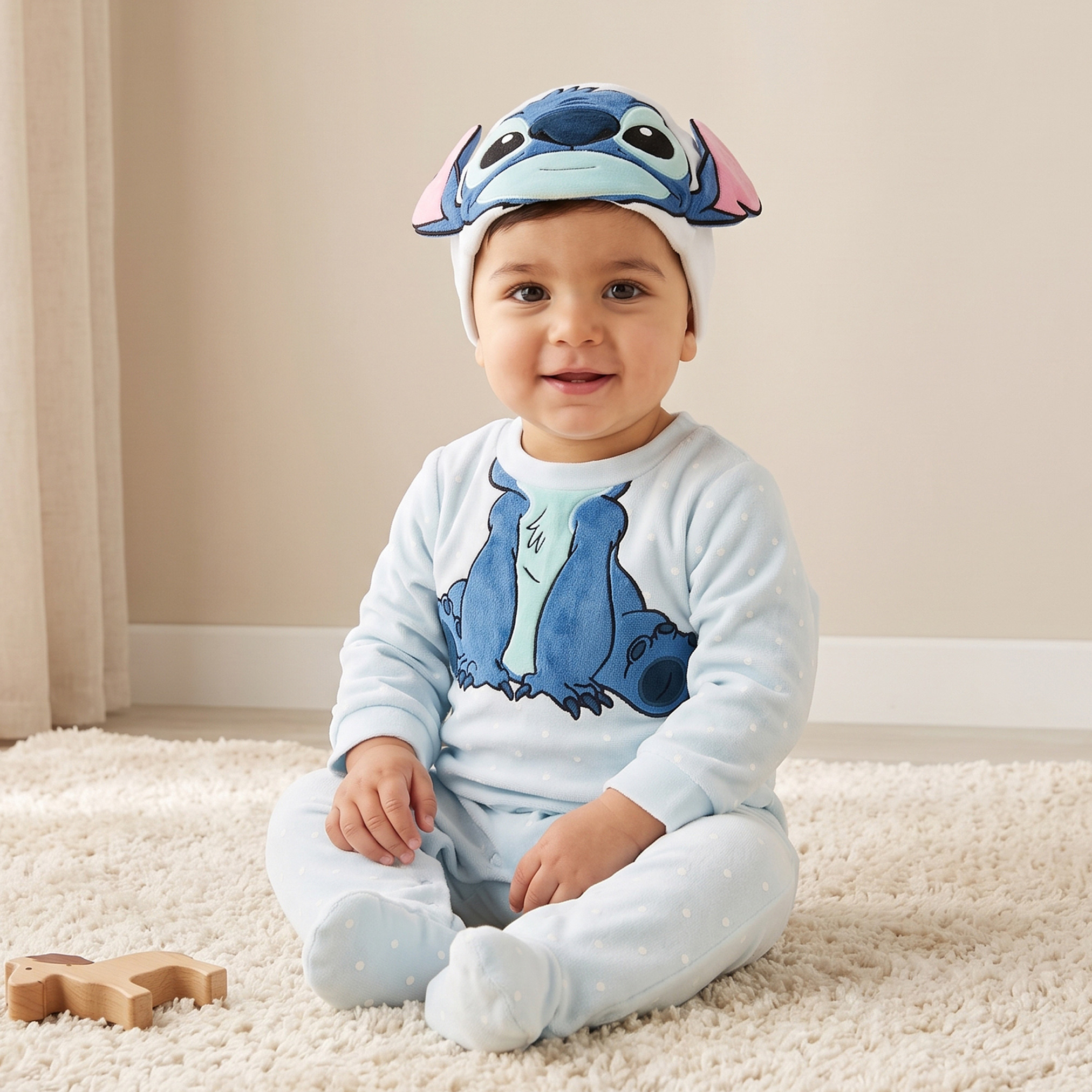 Set of 2 Disney Cotton Round Neck Long Sleeves Sleepsuit and Cap with Stitch Print-baby-girls-clothing-nightwear-sleepsuits-image-1