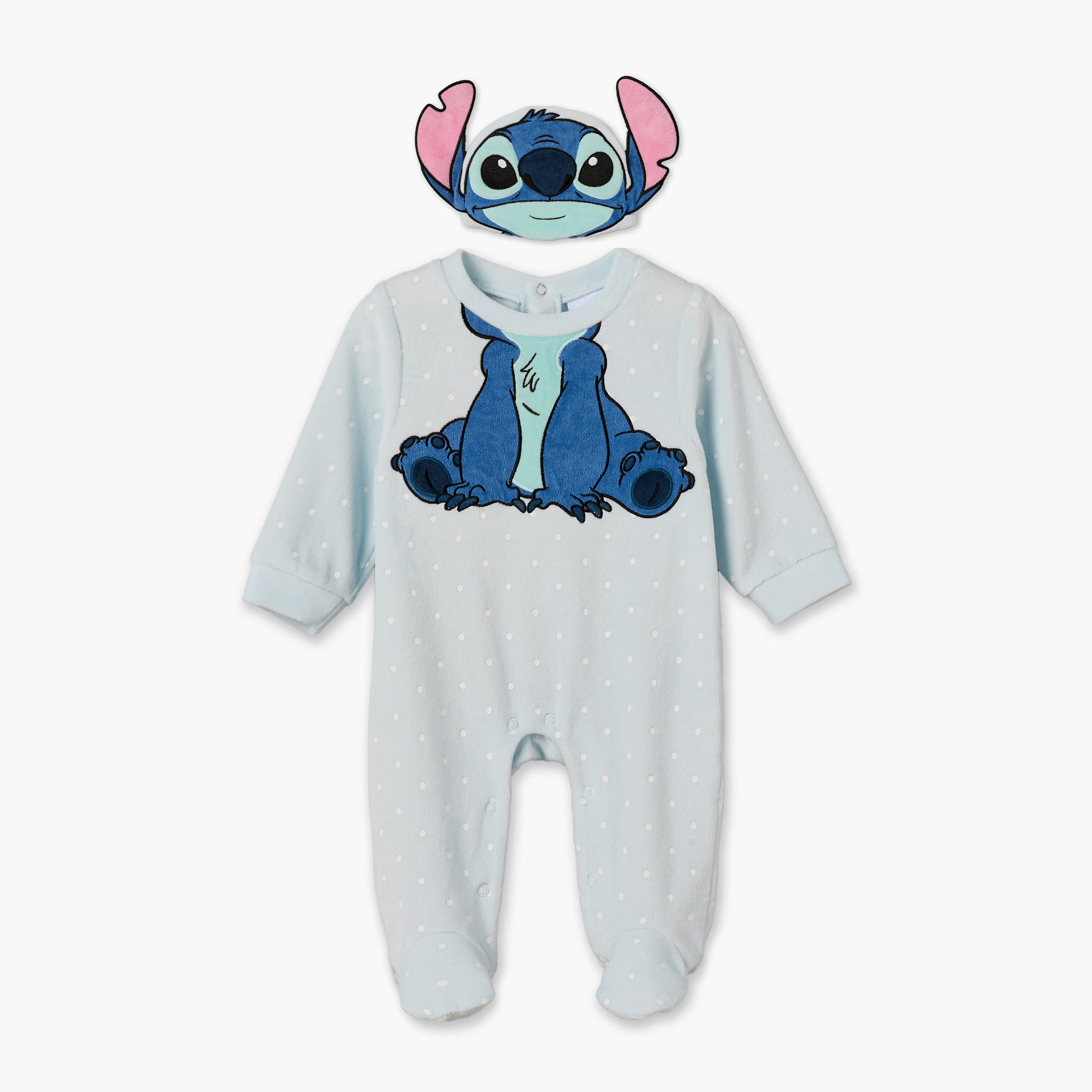 Set of 2 Disney Cotton Round Neck Long Sleeves Sleepsuit and Cap with Stitch Print-baby-girls-clothing-nightwear-sleepsuits-image-2