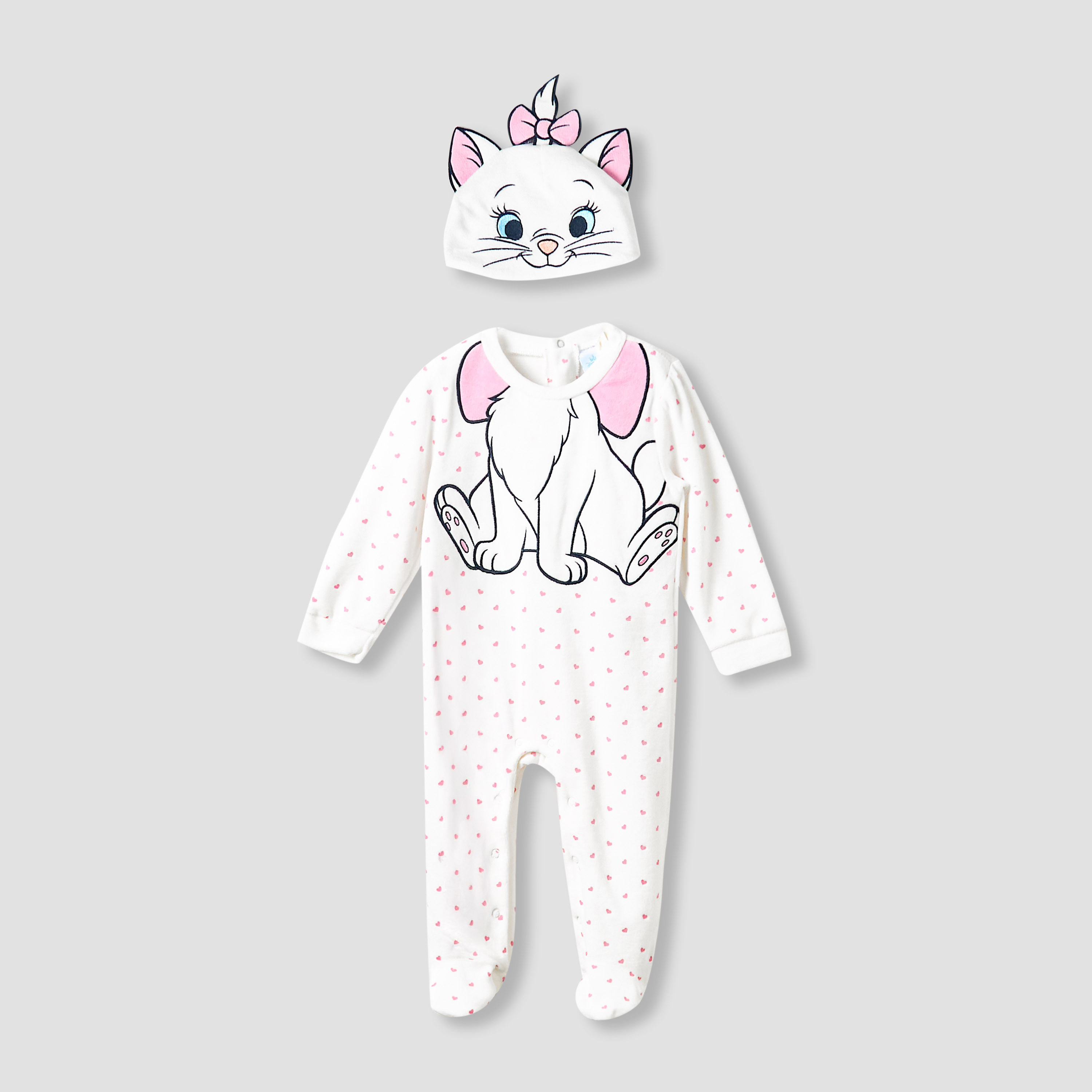 Disney Crew Neck Sleepsuit with Marie Print and Cap - Long Sleeves-baby-girls-clothing-nightwear-sleepsuits-image-1