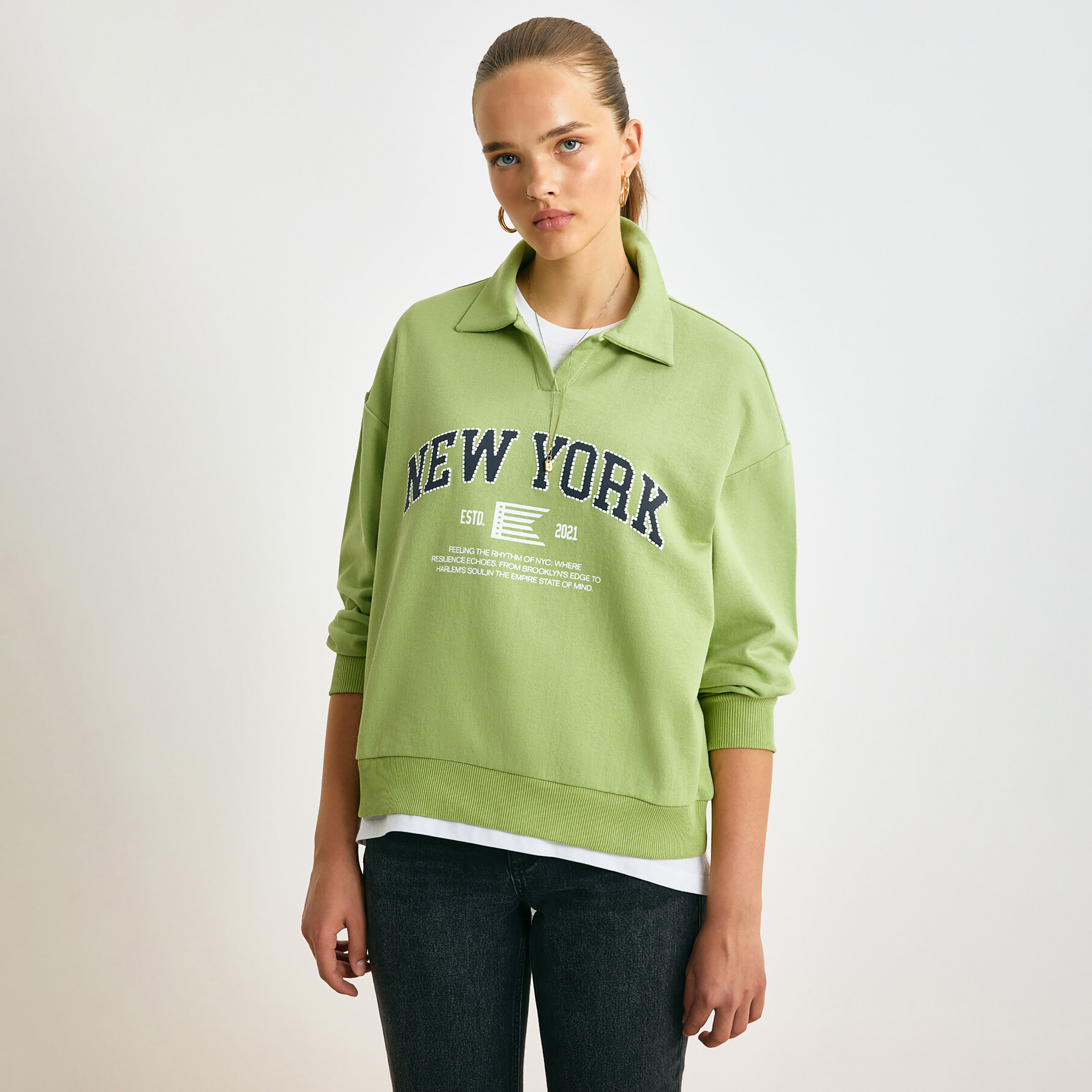 GRIMELANGE Green Text-Print Collared Dropped Sleeves Women's Sweatshirt-women-winterwear-hoodiesandsweatshirts-sweatshirts-image-1