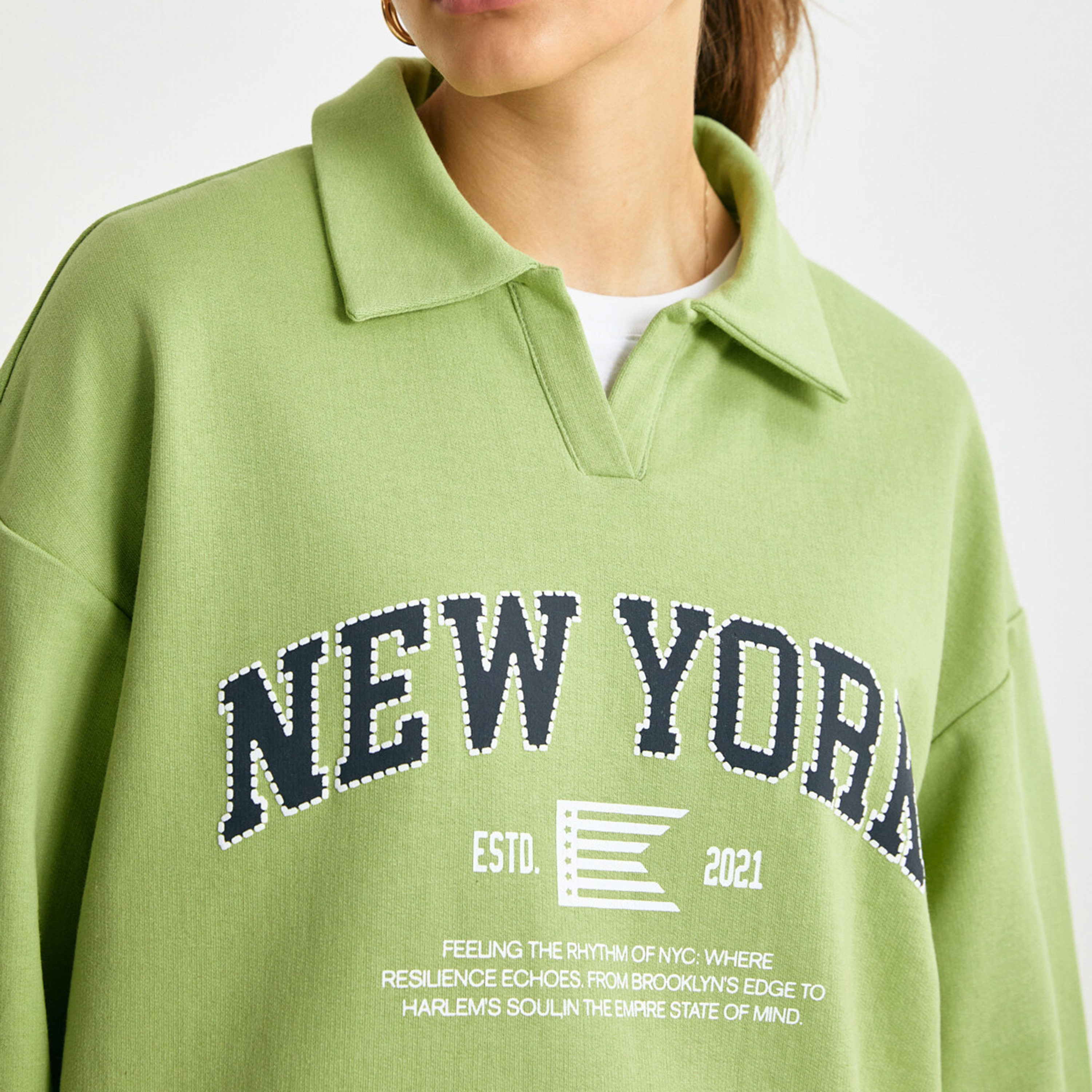 GRIMELANGE Green Text-Print Collared Dropped Sleeves Women's Sweatshirt-women-winterwear-hoodiesandsweatshirts-sweatshirts-image-4