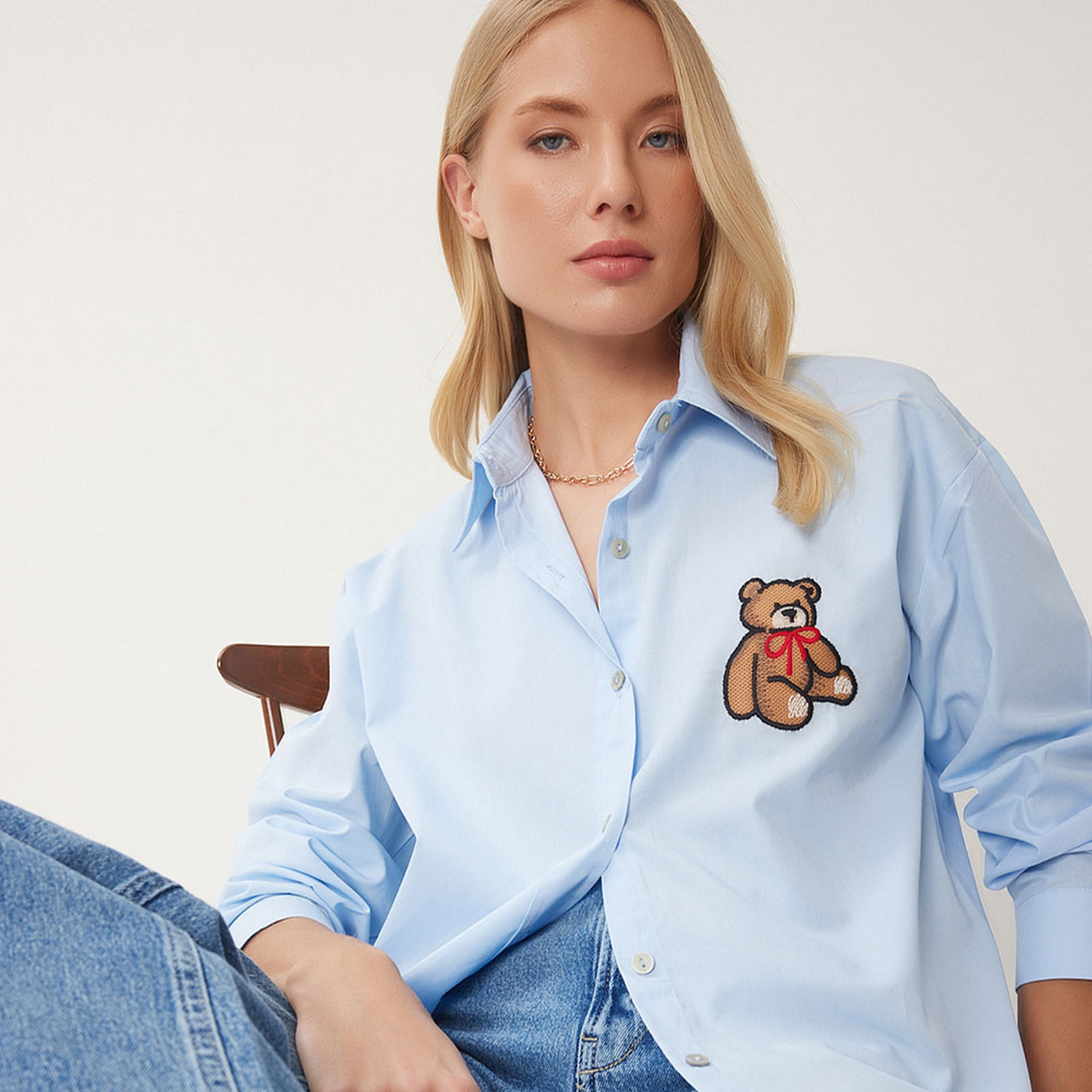 قميص نسائي أزرق بأكمام كتف تيدي مطرزة من إسطنبول إسطنبول-women-clothing-shirtsandblouses-shirts-image-5