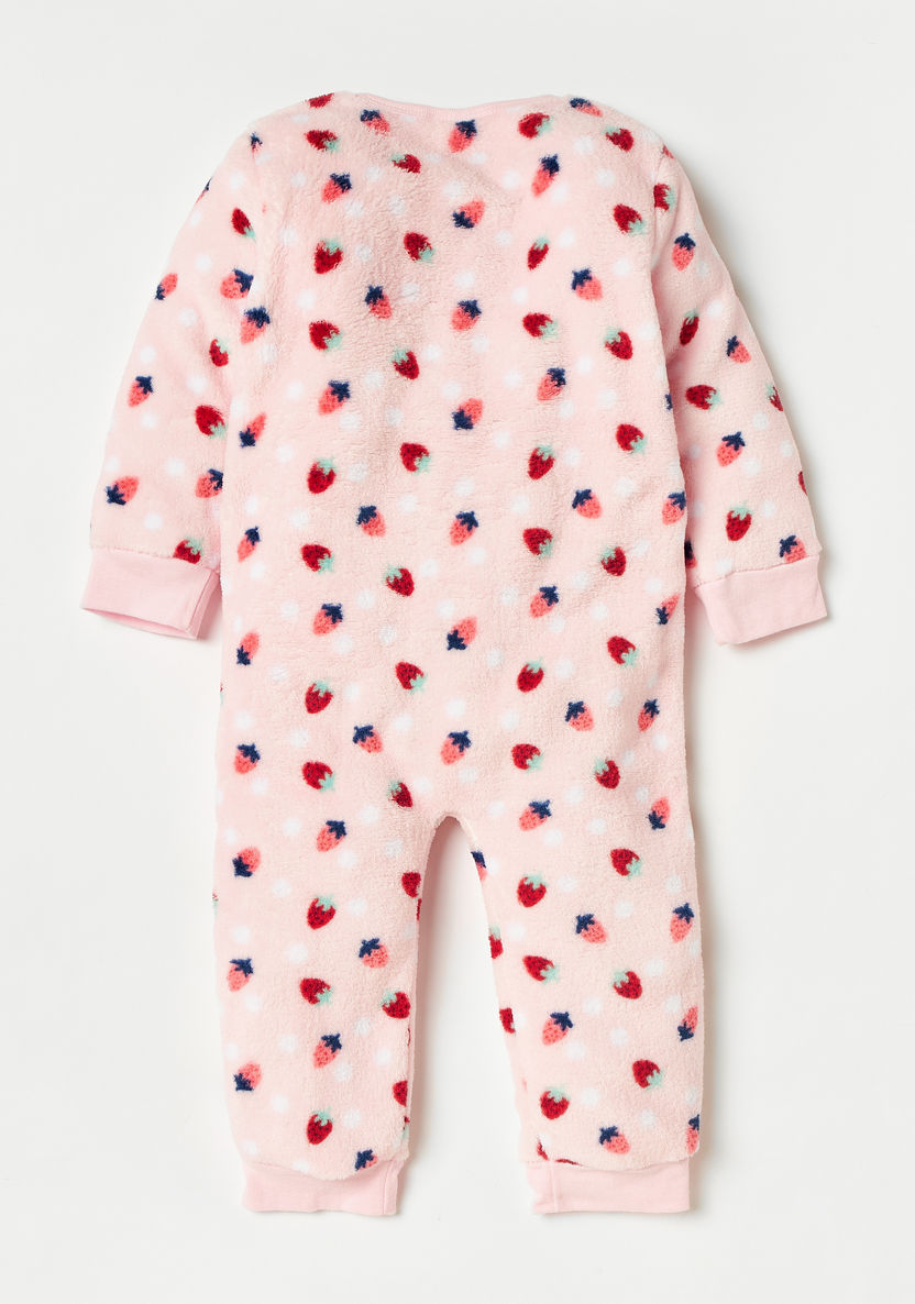 Juniors Strawberry Textured Sleepsuit with Zip Closure and Long Sleeves-Sleepsuits-image-2