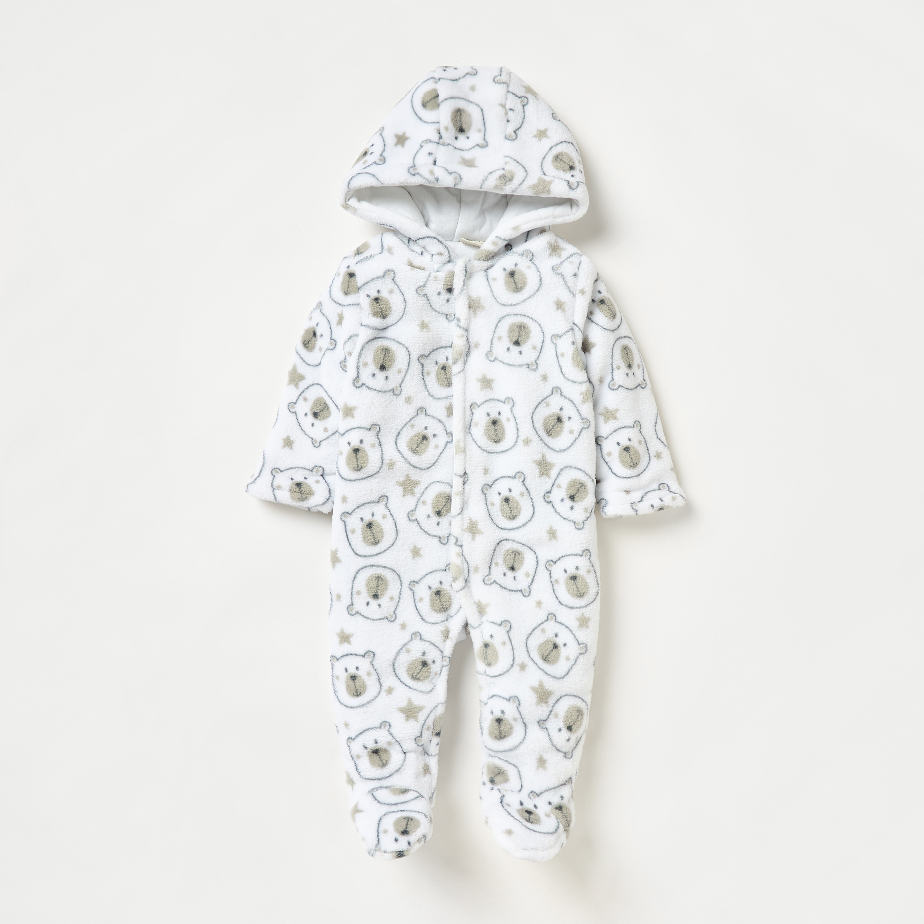 Juniors All-Over Bear Print Hooded Closed Feet Sleepsuit with Long Sleeves-baby-boys-clothing-nightwear-sleepsuits-image-1