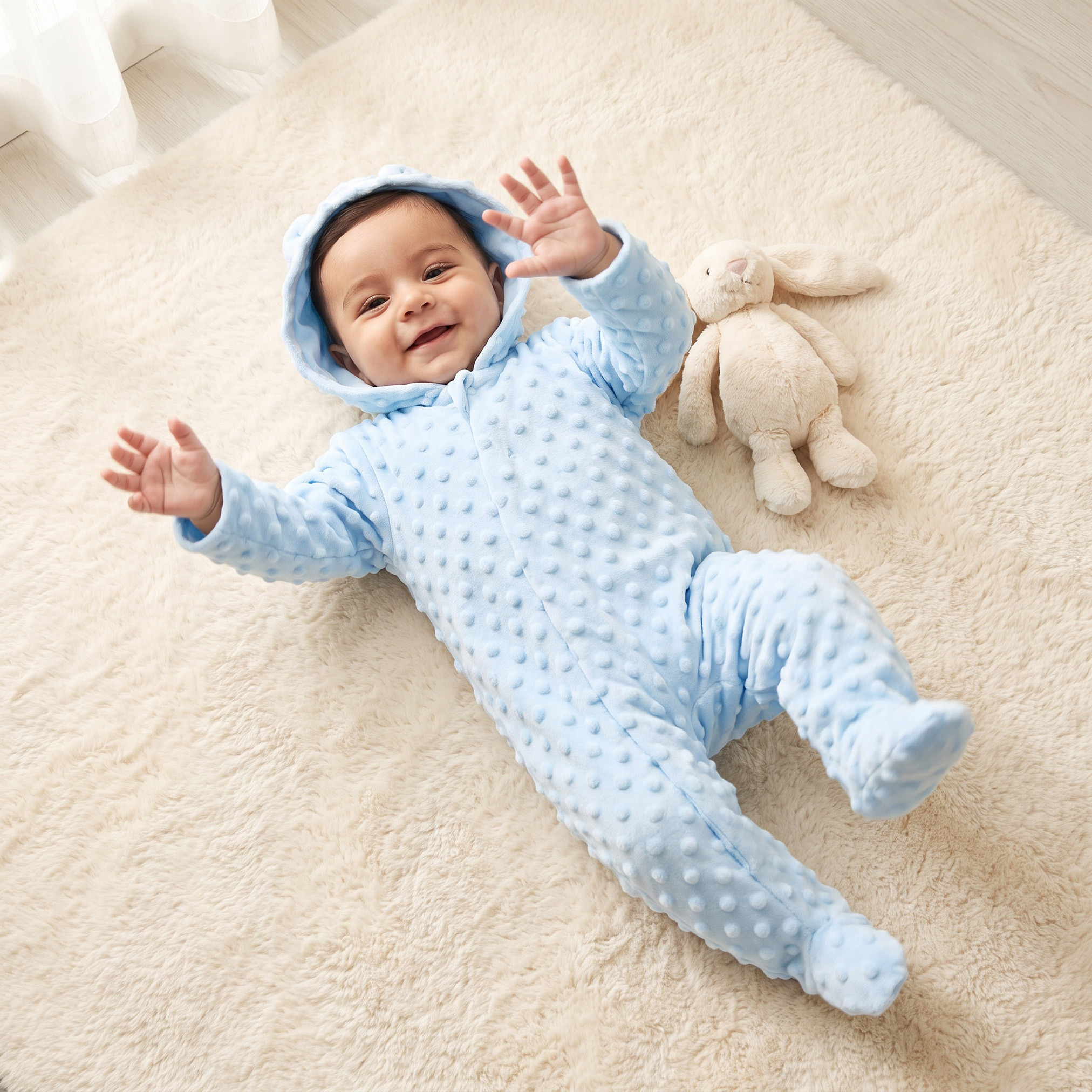 Juniors Velour Hooded Long Sleeves Sleepsuit with Popcorn Texture-baby-boys-clothing-nightwear-sleepsuits-image-1