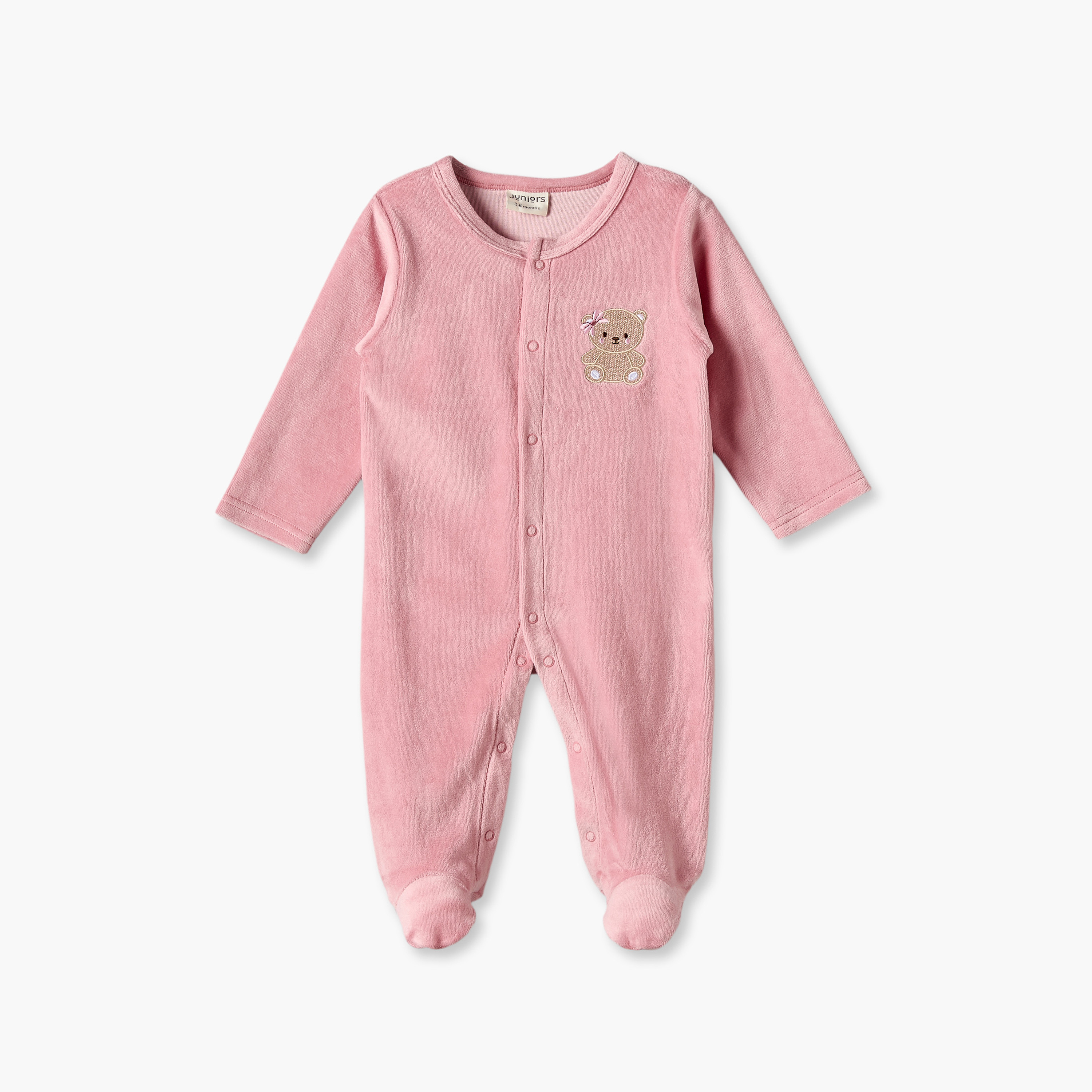 Juniors Round Neck Long Sleeves Sleepsuit with Bear Applique-baby-girls-clothing-nightwear-sleepsuits-image-2