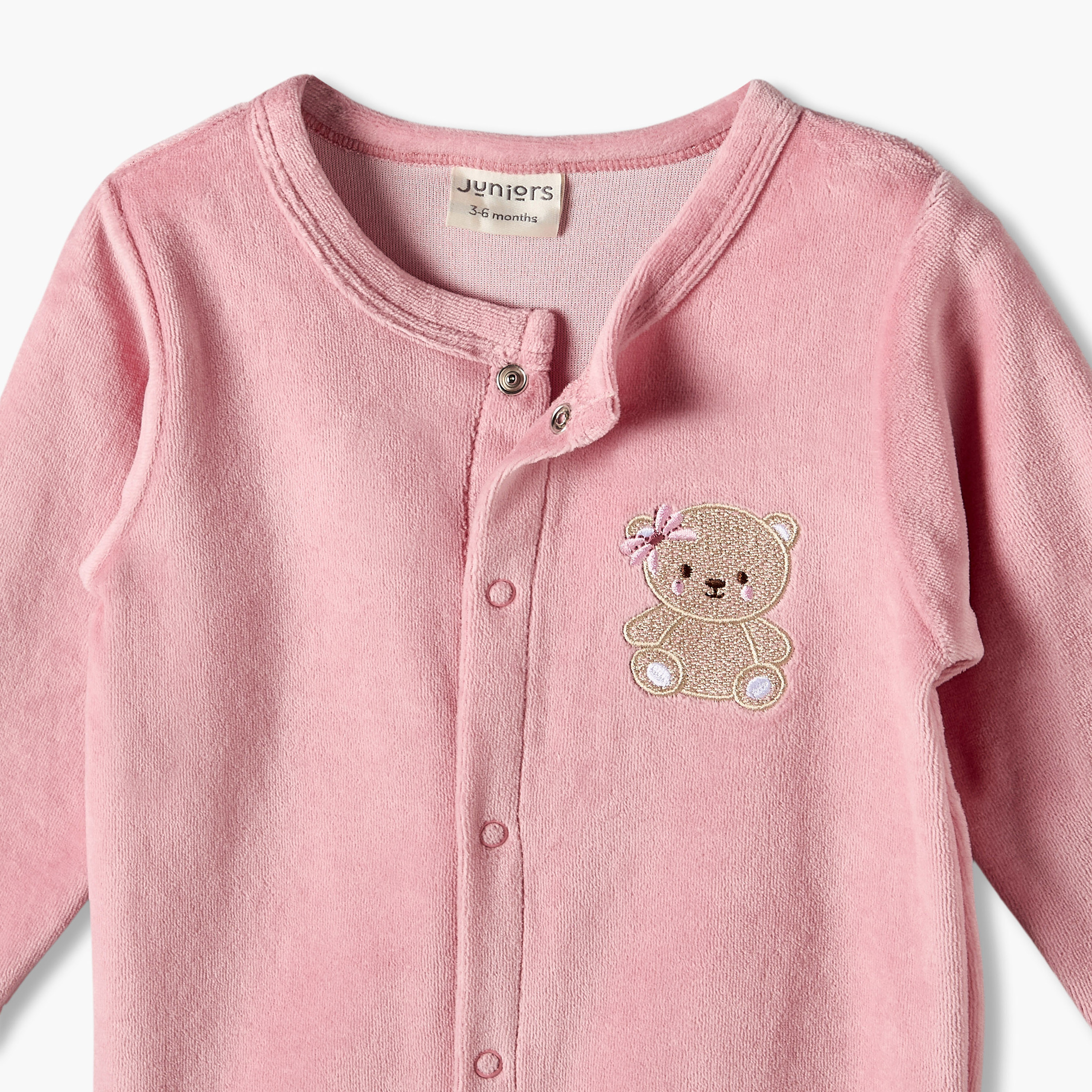 Juniors Round Neck Long Sleeves Sleepsuit with Bear Applique-baby-girls-clothing-nightwear-sleepsuits-image-4