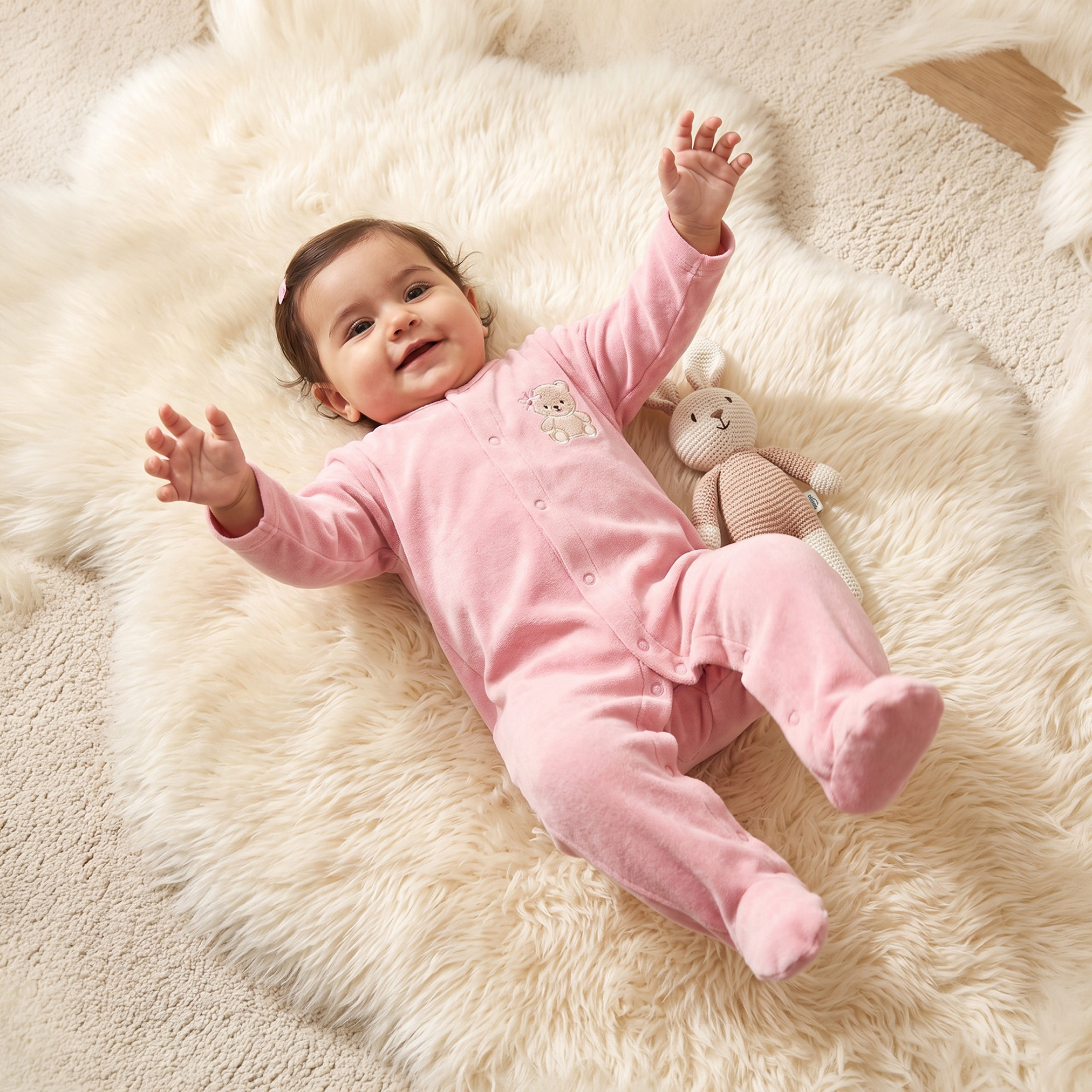 Juniors Round Neck Long Sleeves Sleepsuit with Bear Applique-baby-girls-clothing-nightwear-sleepsuits-image-1