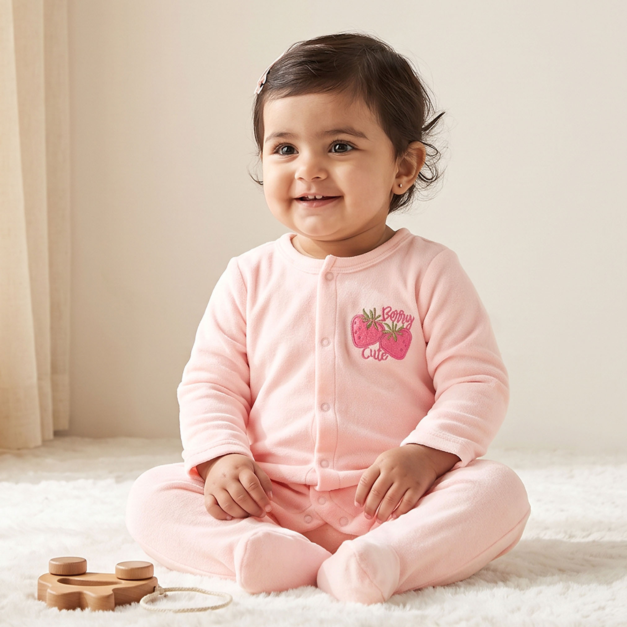 Juniors Round Neck Long Sleeves Sleepsuit with Strawberry Embroidery-baby-girls-clothing-nightwear-sleepsuits-image-1