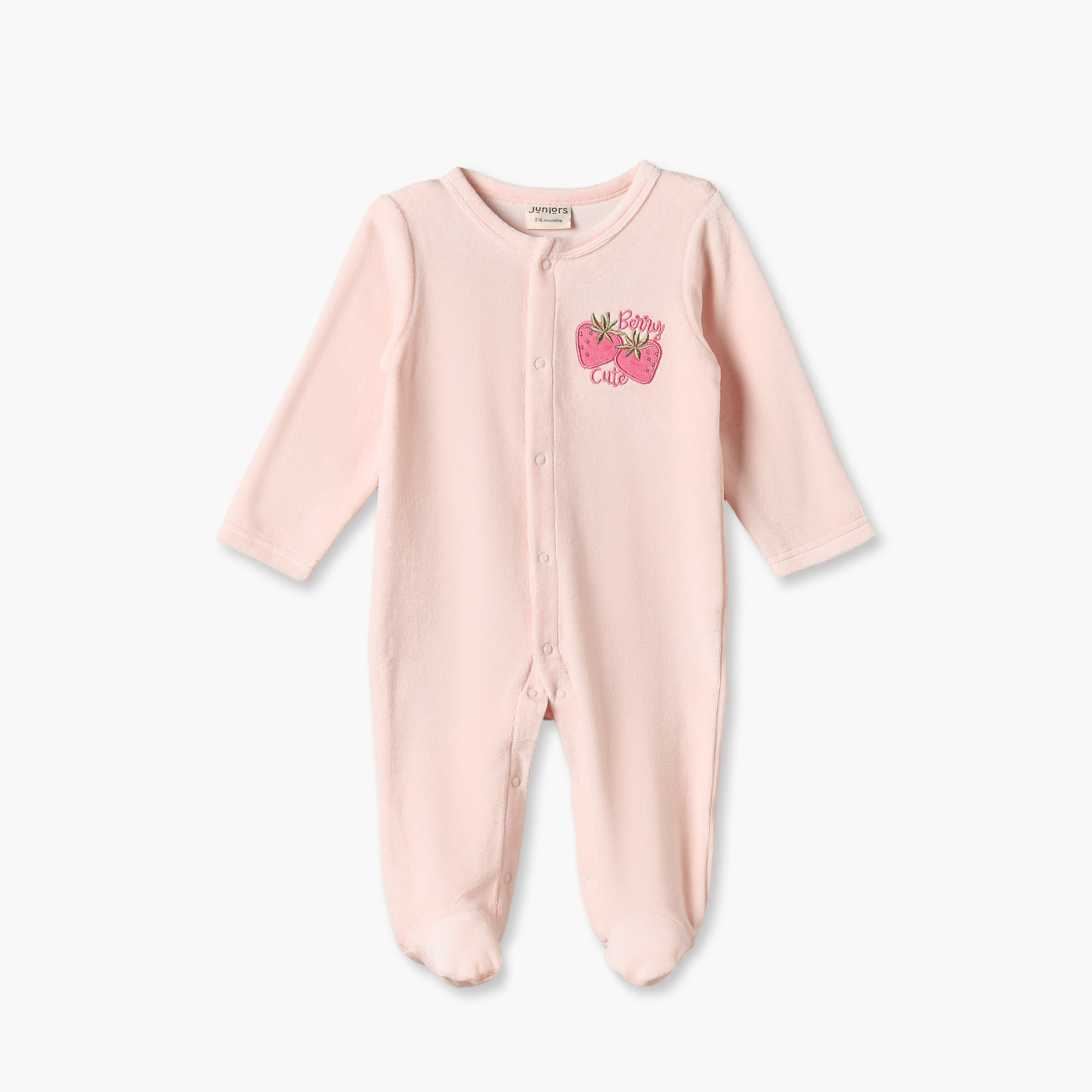 Juniors Round Neck Long Sleeves Sleepsuit with Strawberry Embroidery-baby-girls-clothing-nightwear-sleepsuits-image-2
