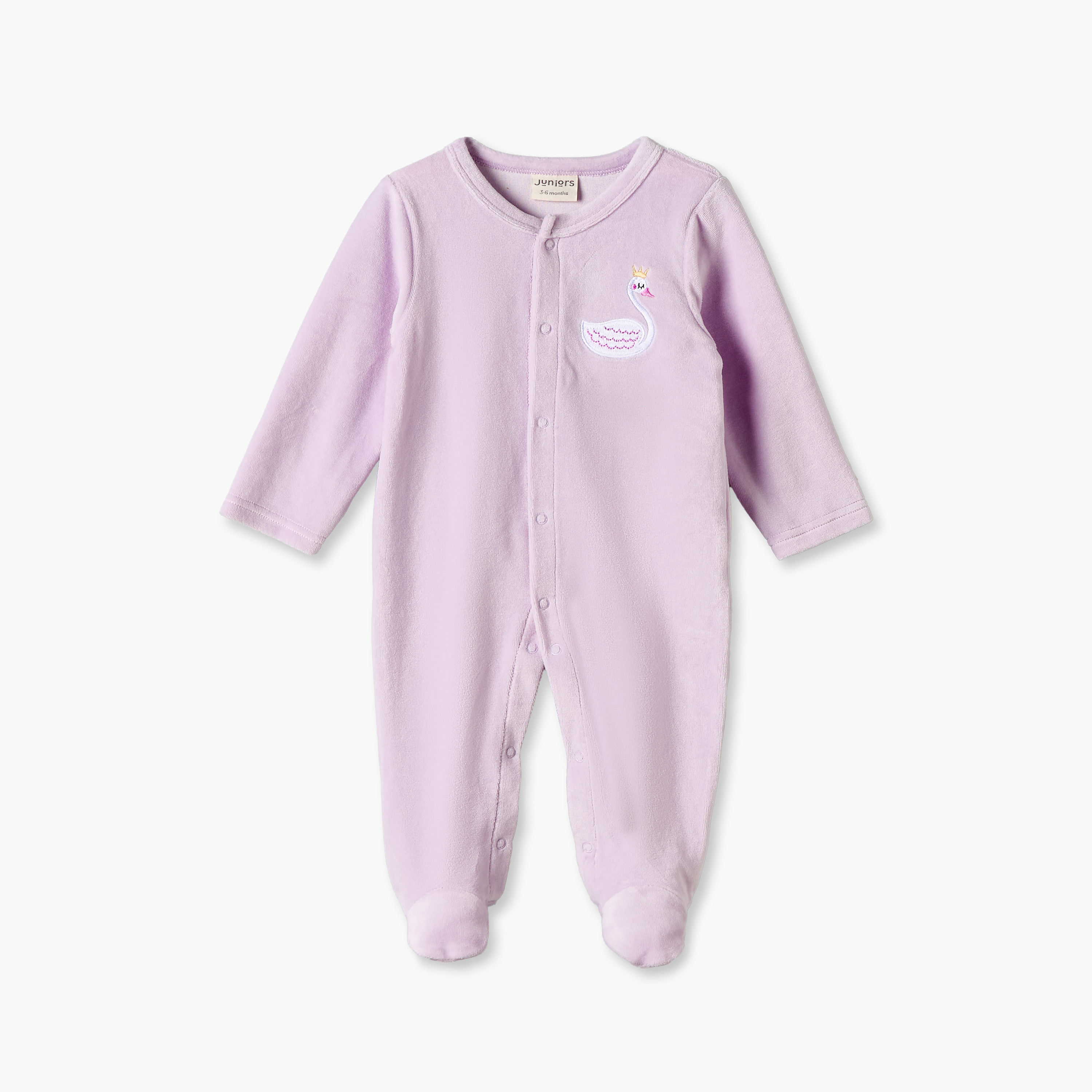 Juniors Crew Neck Long Sleeves Sleepsuit with Swan Embroidery-baby-girls-clothing-nightwear-sleepsuits-image-2