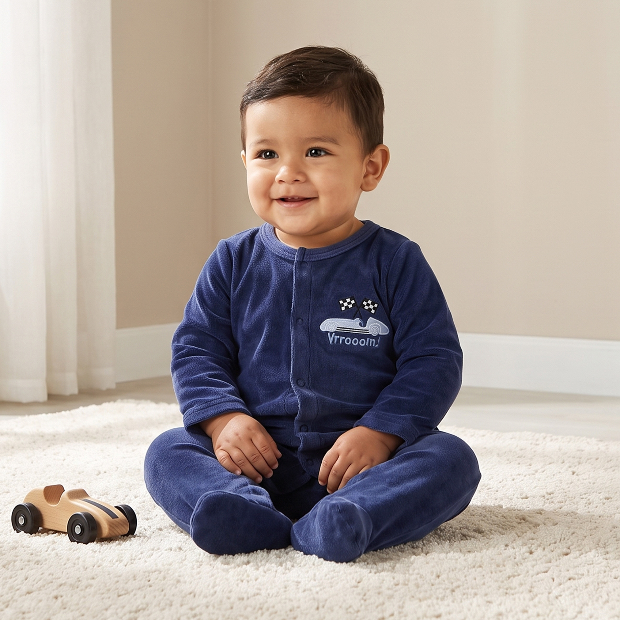 Juniors Crew Neck Long Sleeves Sleepsuit with Race Car Embroidery-baby-boys-clothing-nightwear-sleepsuits-image-1