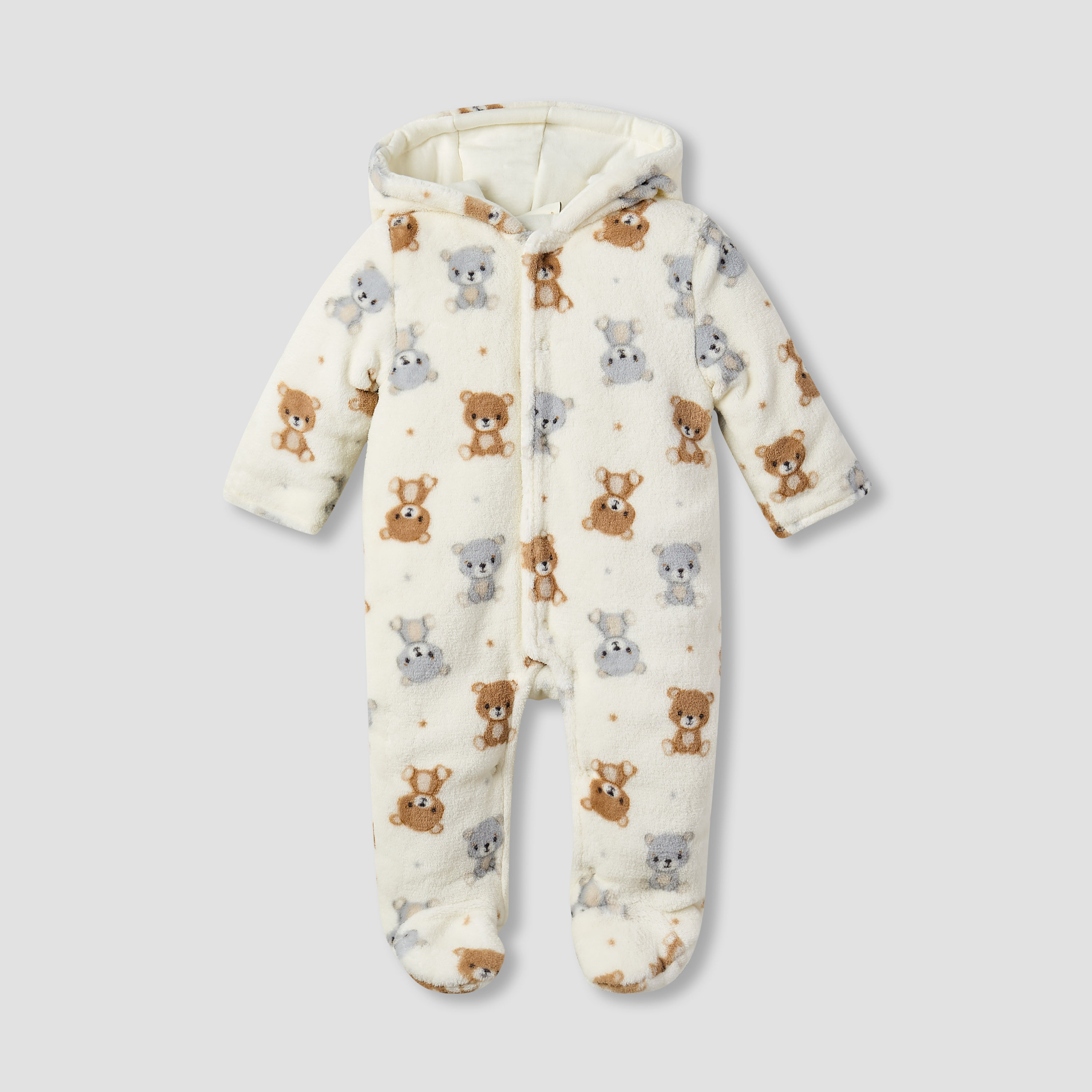 Juniors Teddy Bear Print Hooded Fleece Sleepsuit with Long Sleeves-baby-boys-clothing-winterwear-sleepsuits-image-1
