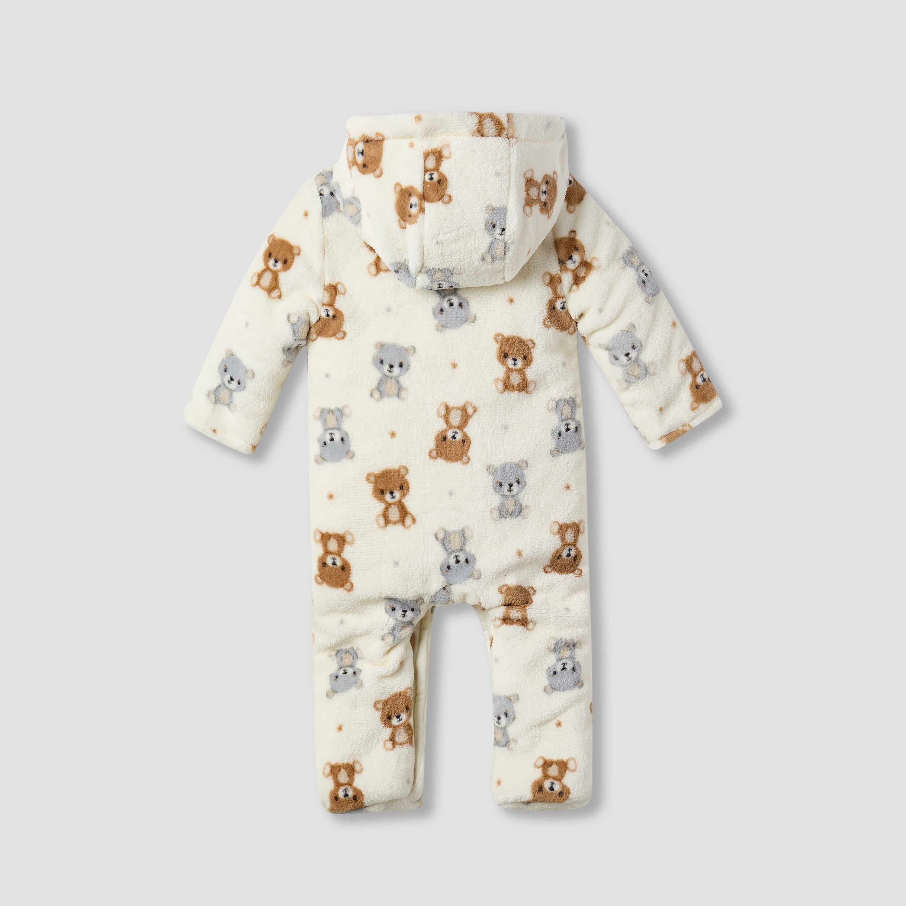 Juniors Teddy Bear Print Hooded Fleece Sleepsuit with Long Sleeves-baby-boys-clothing-winterwear-sleepsuits-image-2