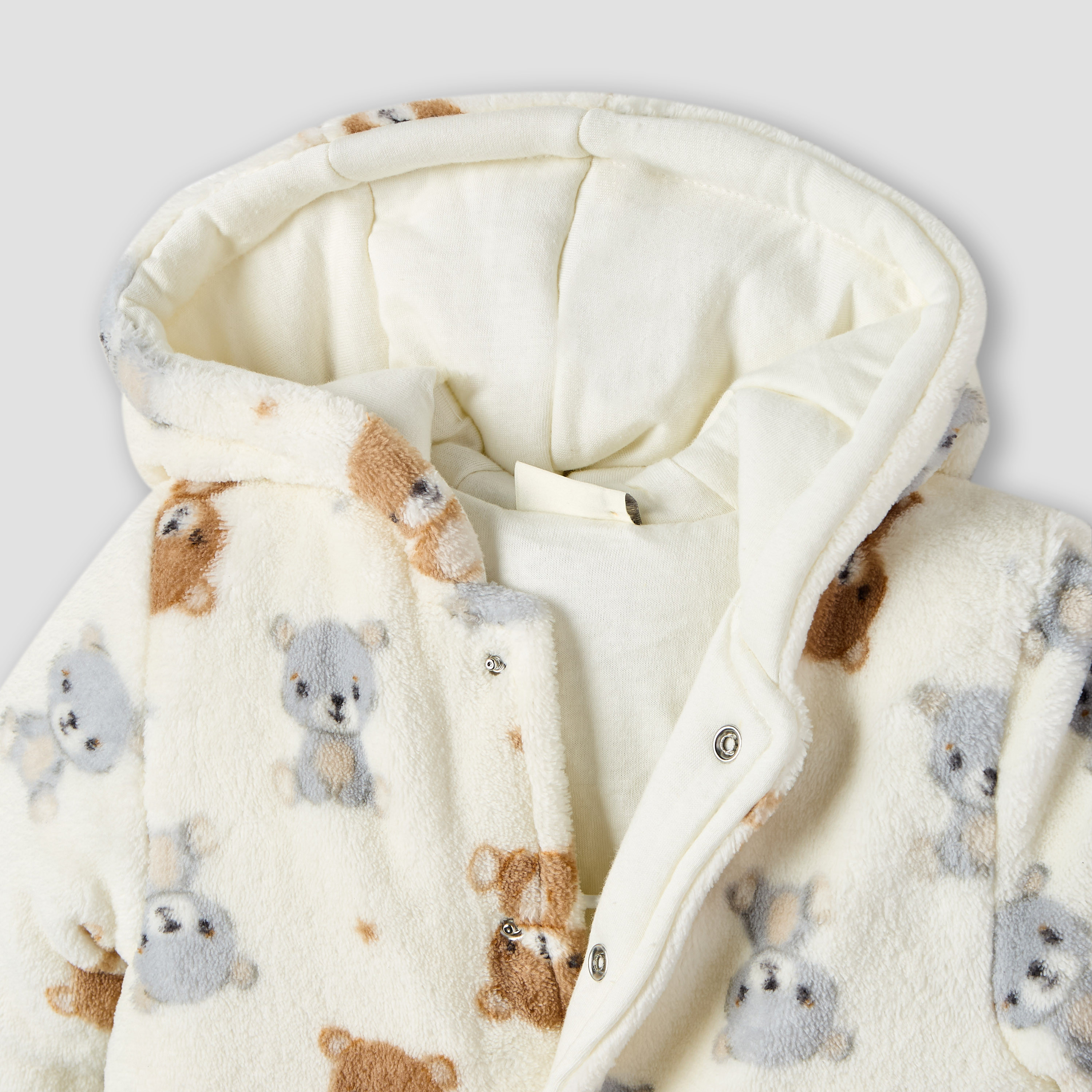 Juniors Teddy Bear Print Hooded Fleece Sleepsuit with Long Sleeves-baby-boys-clothing-winterwear-sleepsuits-image-3
