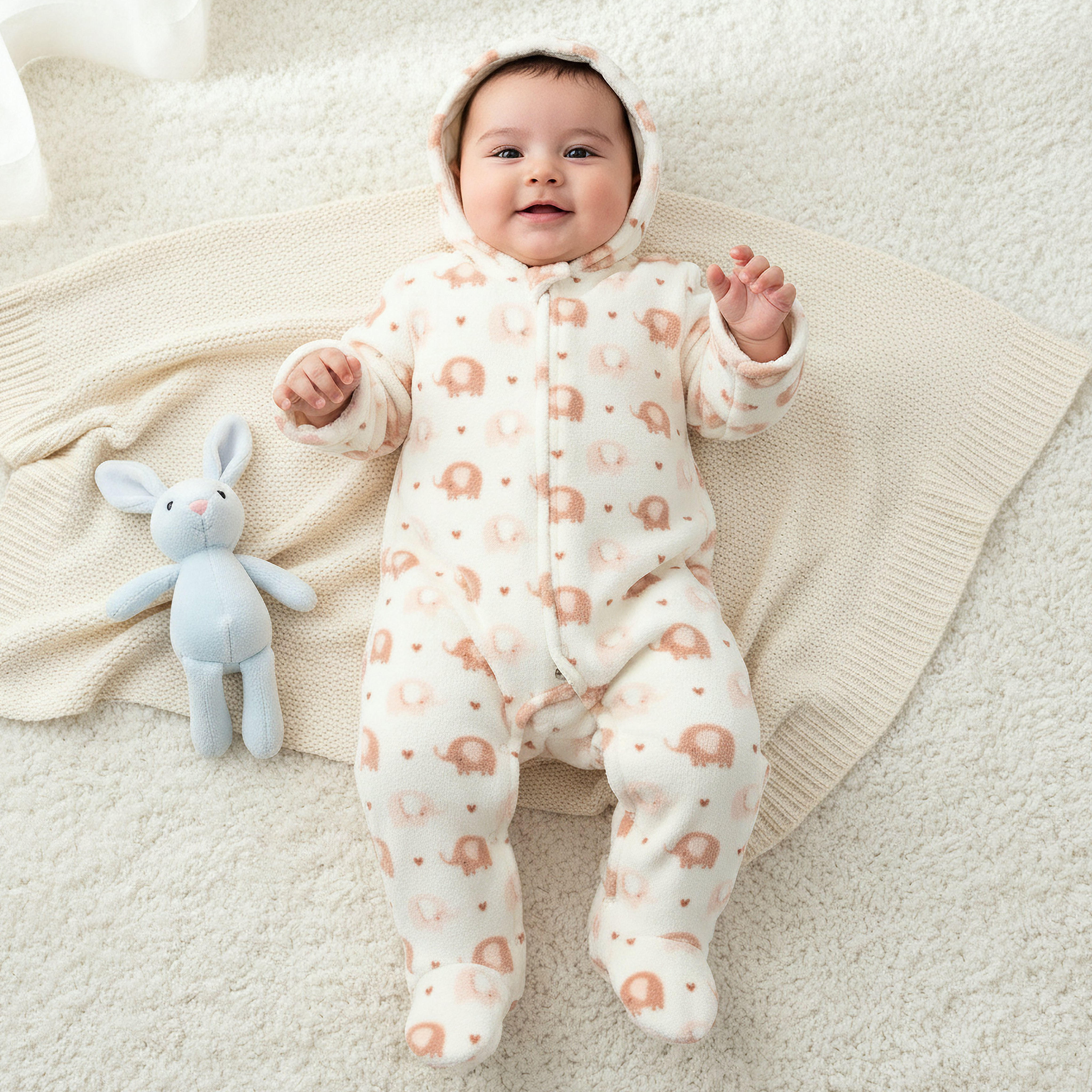 Juniors Fleece Hooded Long Sleeve Sleepsuit with Elephant Print-baby-girls-clothing-nightwear-sleepsuits-image-1