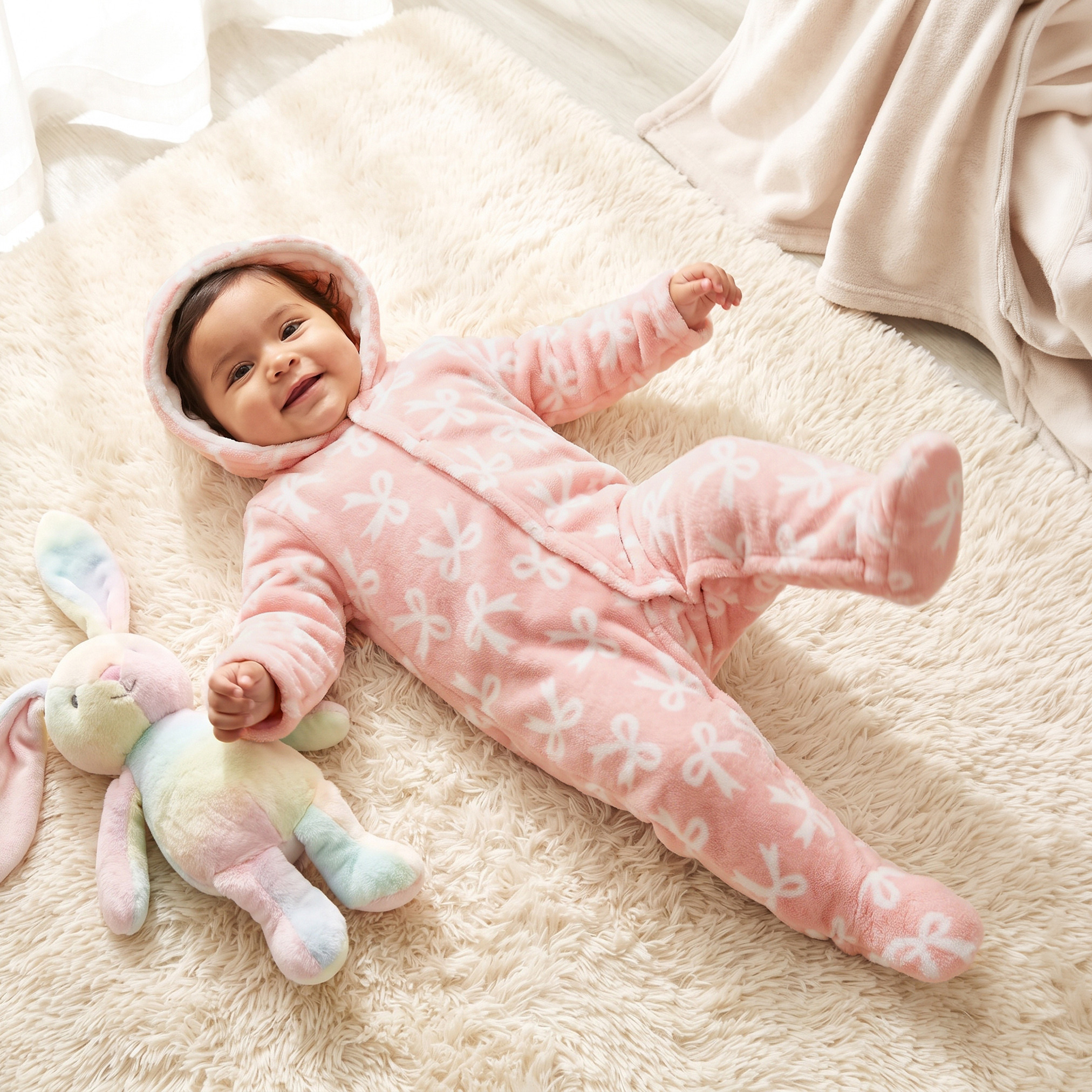 Juniors Cotton Hooded Neck Long Sleeves Sleepsuit with Bow Print-baby-girls-clothing-nightwear-sleepsuits-image-1
