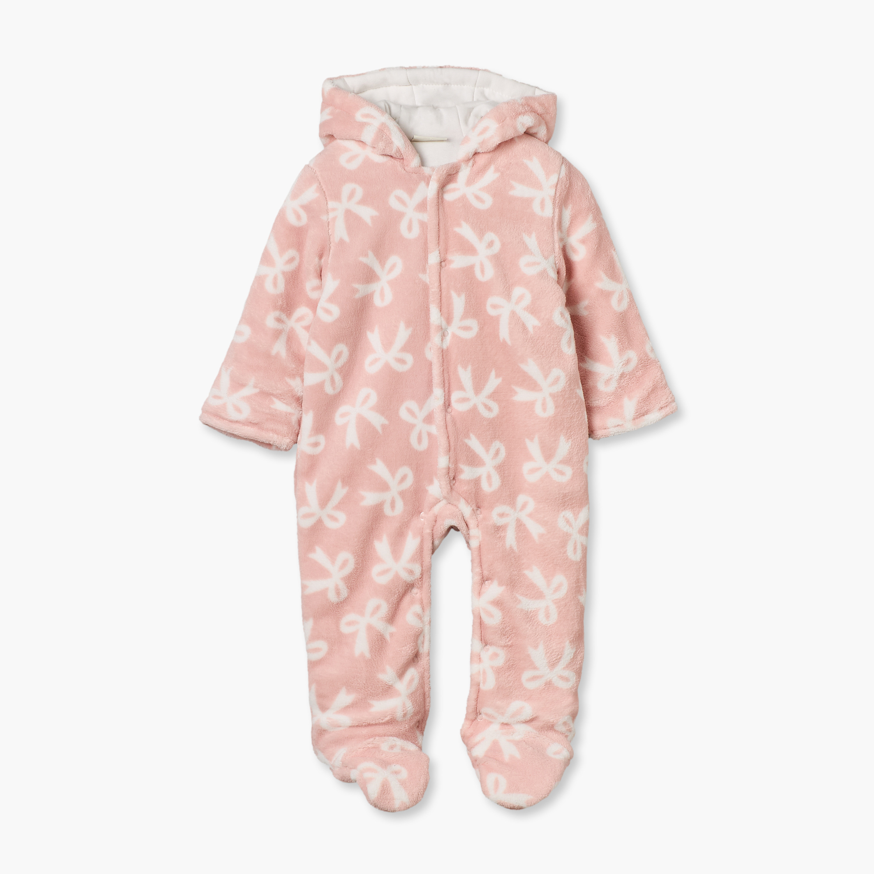 Juniors Cotton Hooded Neck Long Sleeves Sleepsuit with Bow Print-baby-girls-clothing-nightwear-sleepsuits-image-2