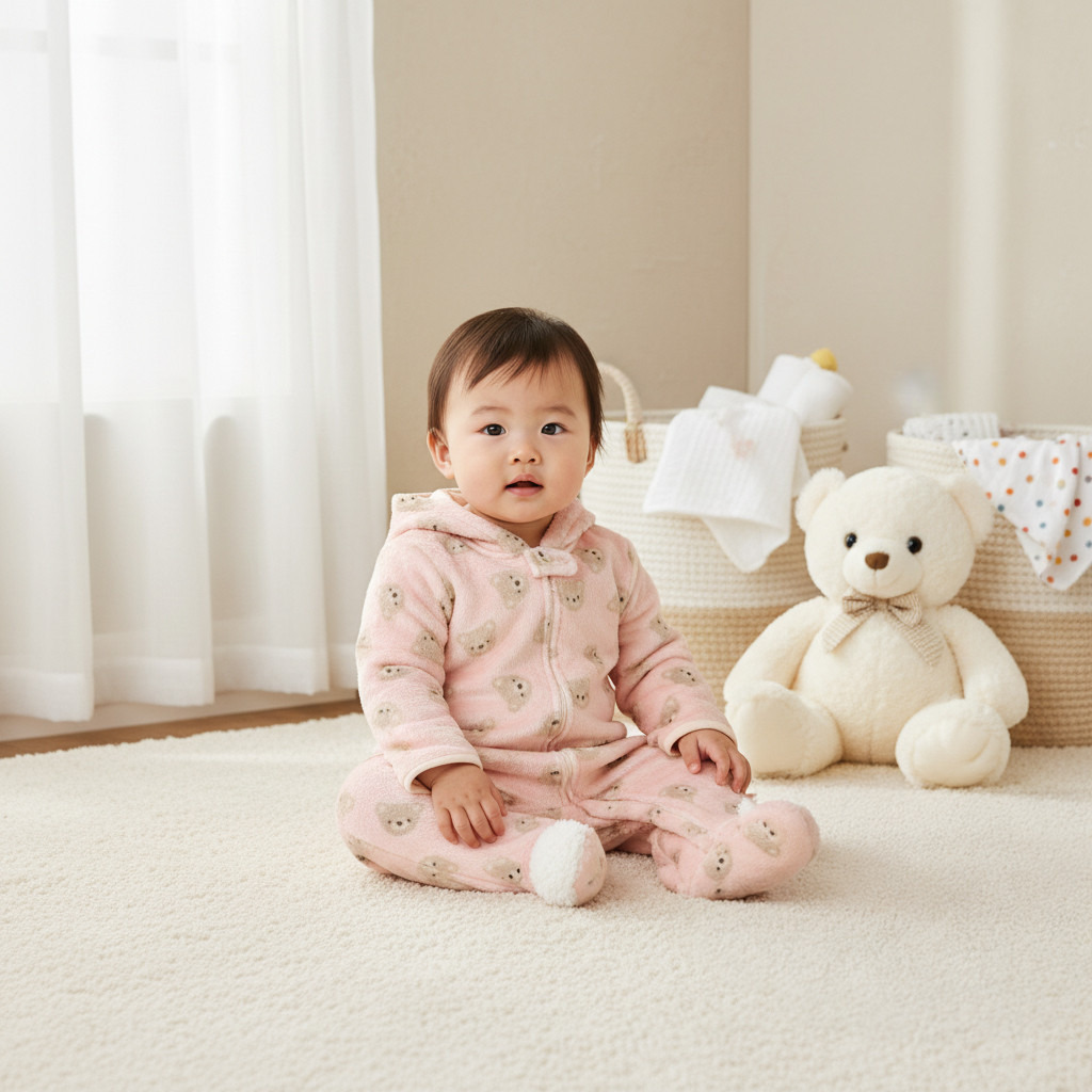 Juniors Hooded Sleepsuit with Bear Print - Polyester - Long Sleeves-baby-girls-clothing-nightwear-sleepsuits-image-6