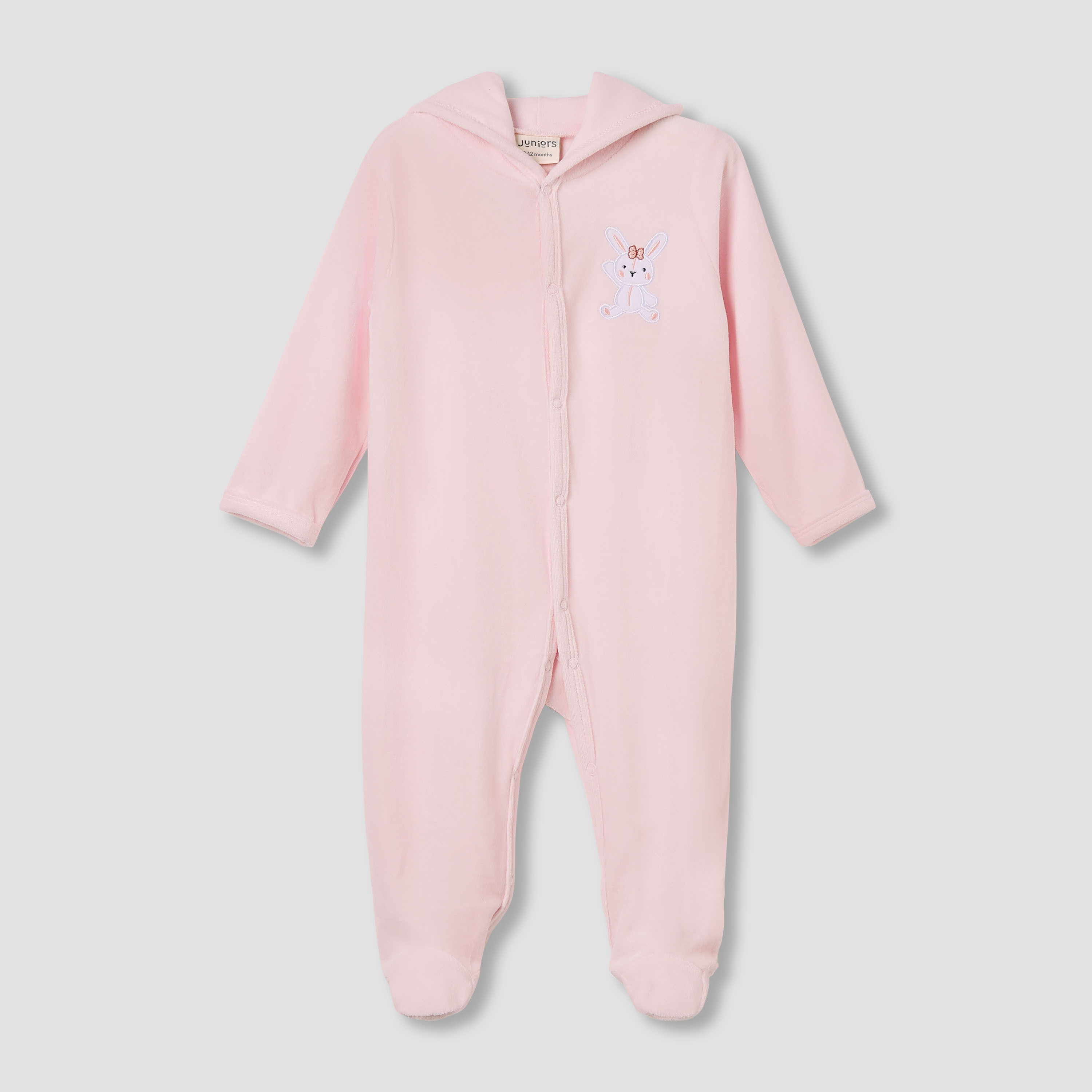 Juniors Hooded Footed Sleepsuit with Bunny Embroidery - Cotton Blend - Long Sleeves-baby-girls-clothing-nightwear-sleepsuits-image-1