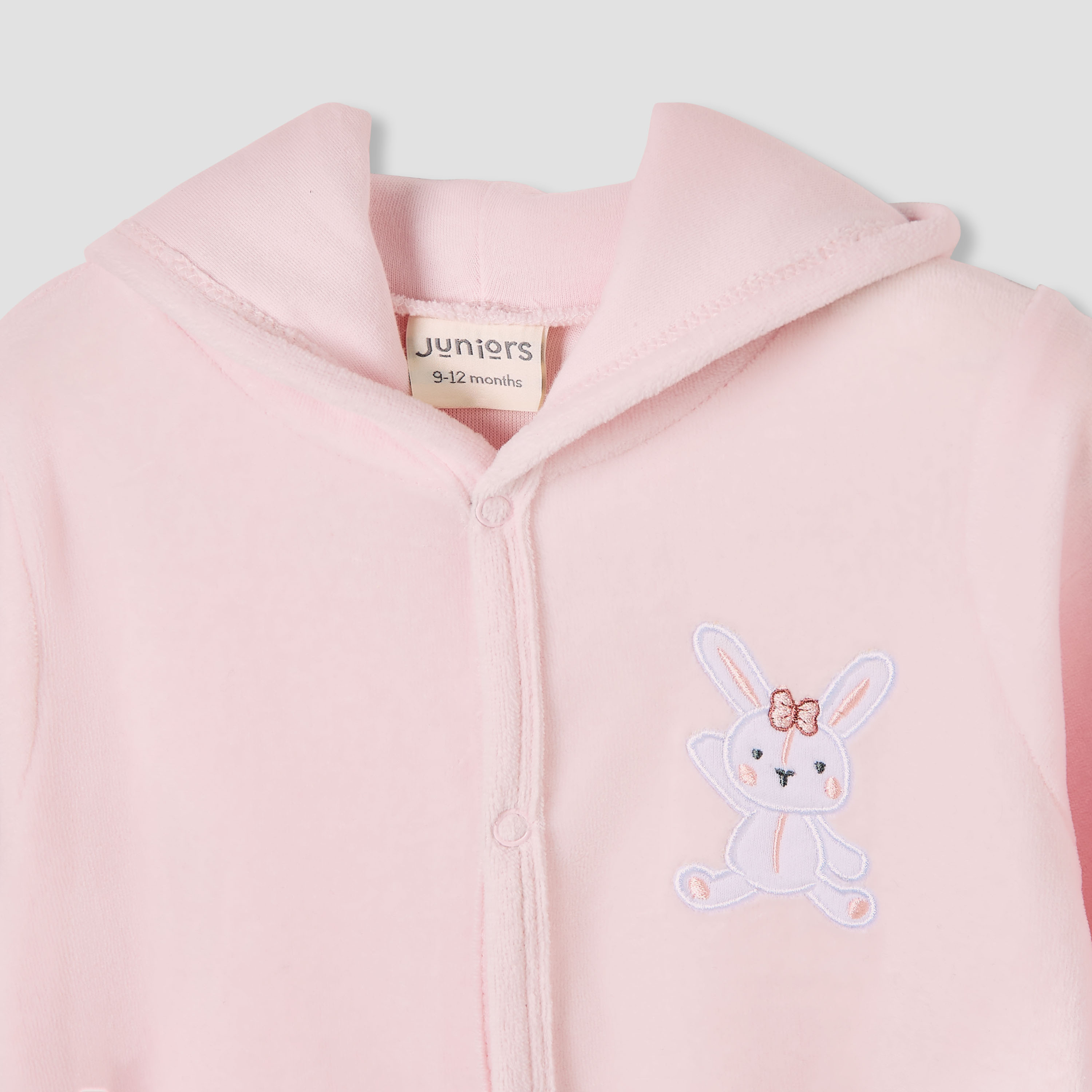 Juniors Hooded Footed Sleepsuit with Bunny Embroidery - Cotton Blend - Long Sleeves-baby-girls-clothing-nightwear-sleepsuits-image-3