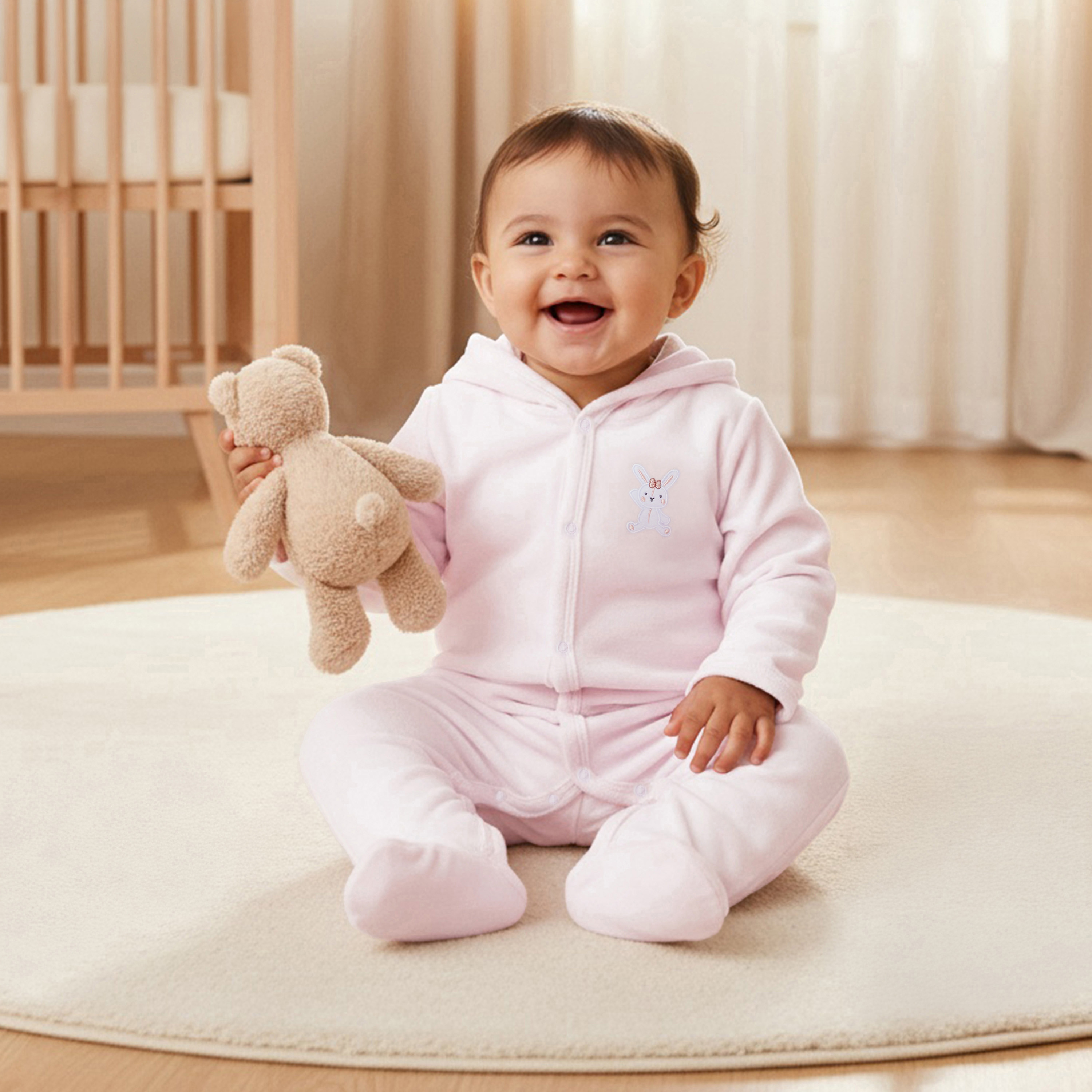 Juniors Hooded Footed Sleepsuit with Bunny Embroidery - Cotton Blend - Long Sleeves-baby-girls-clothing-nightwear-sleepsuits-image-6