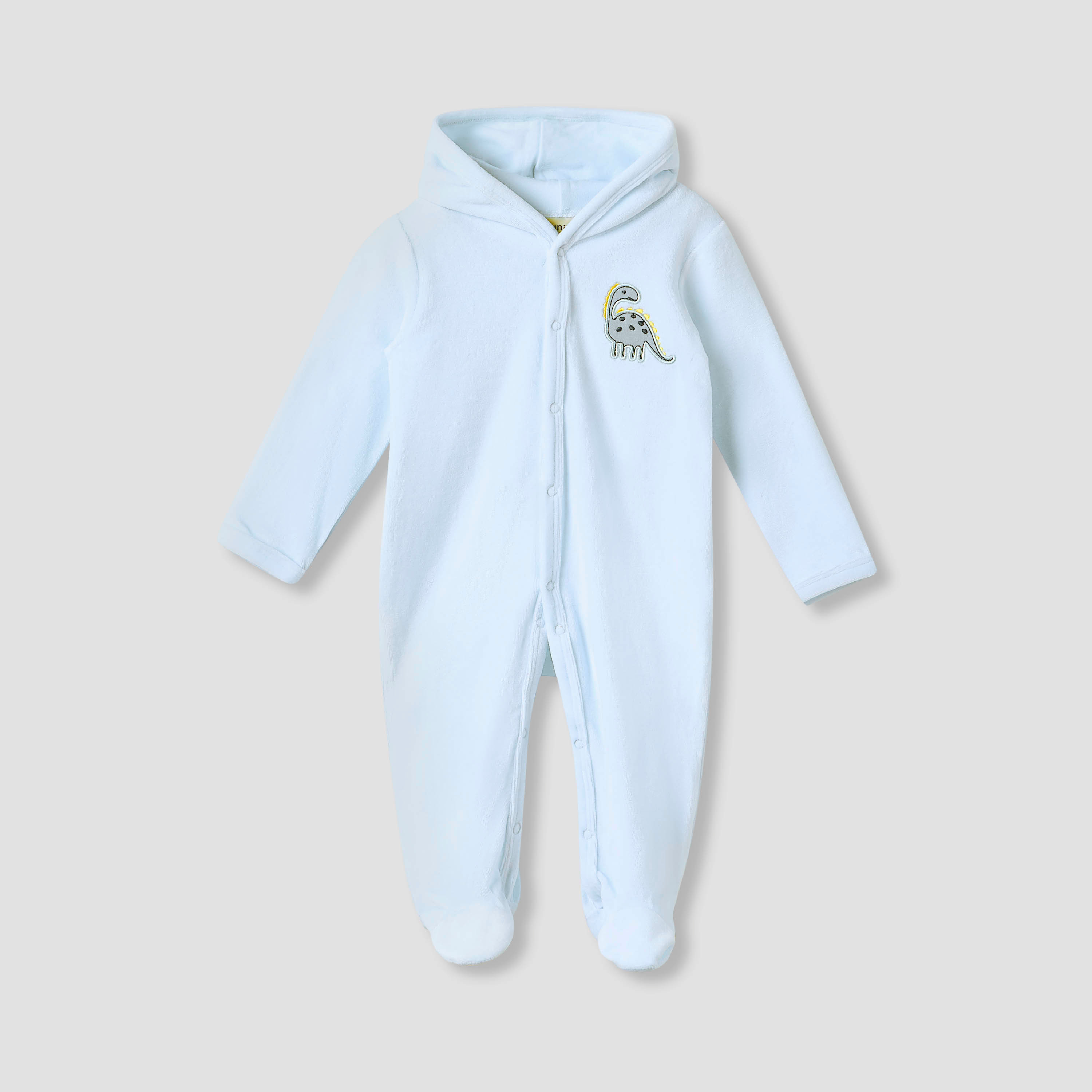Juniors Dinosaur Applique Hooded Velour Sleepsuit with Long Sleeves-baby-boys-clothing-winterwear-sleepsuits-image-1