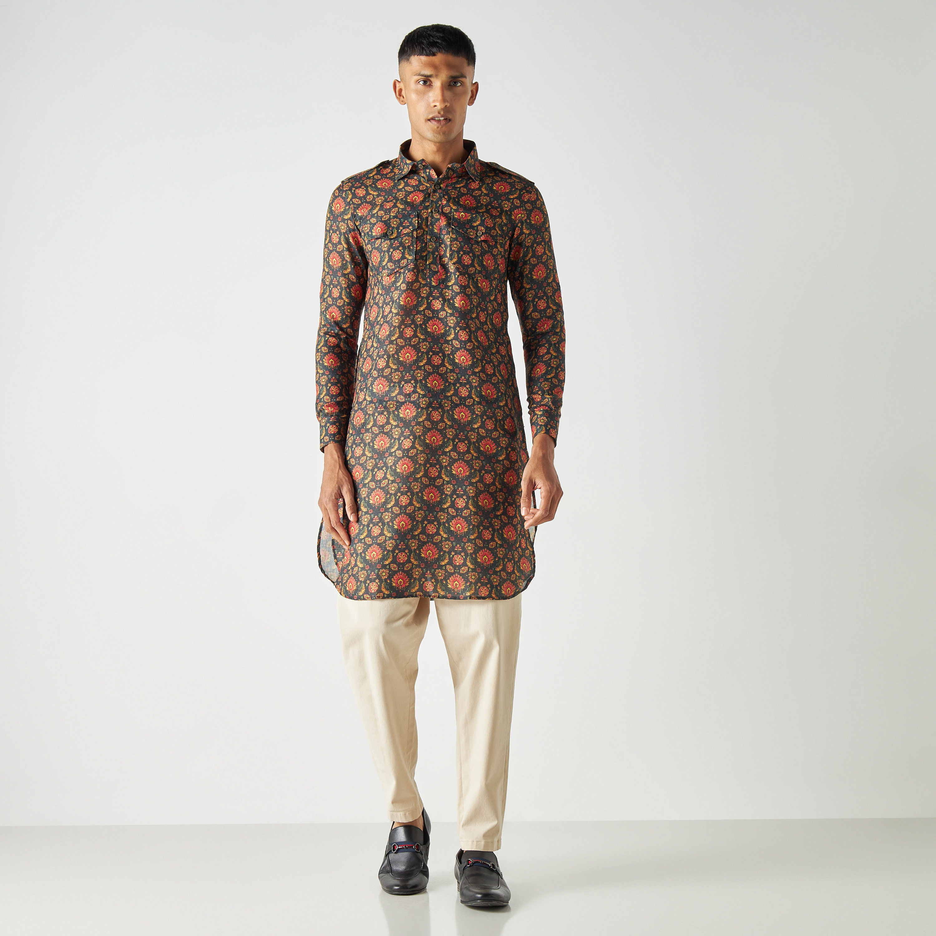 Buy Men s Manthan Printed Cotton Collared Pathani Kurta with