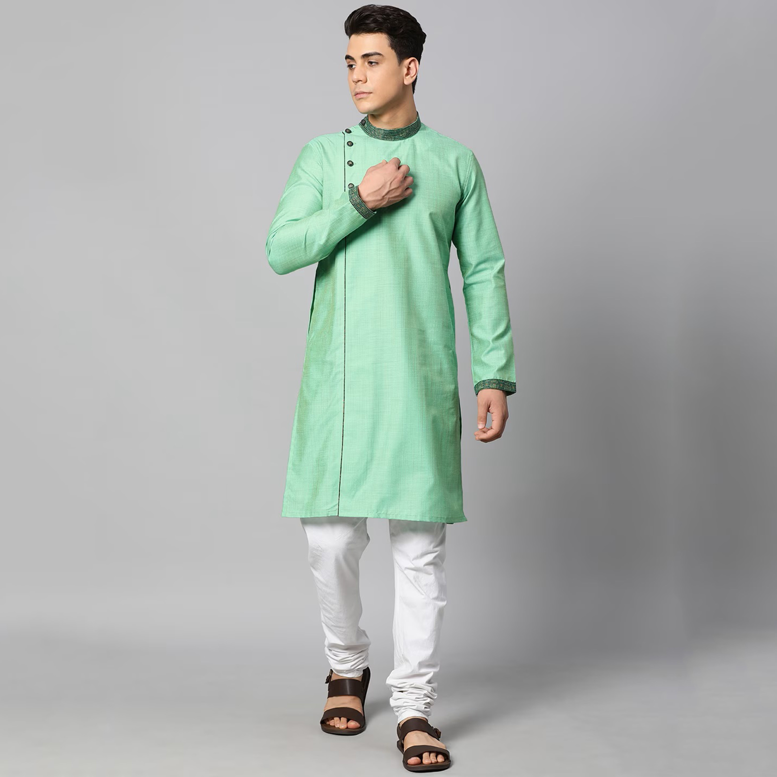 Manthan Plain Cotton Asymmetric Kurta with Button Closure-men-clothing-ethnicwear-kurtas-image-1