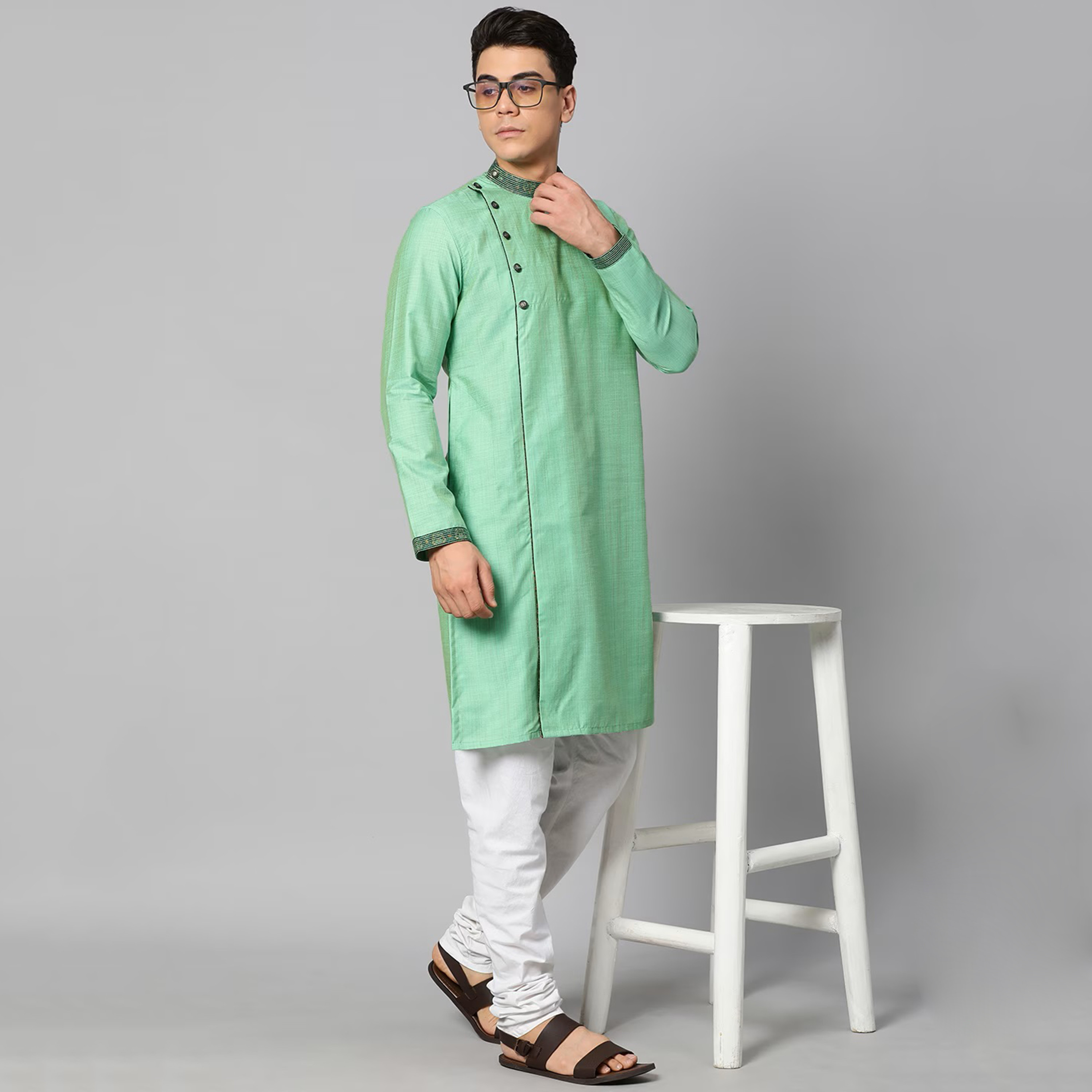 Manthan Plain Cotton Asymmetric Kurta with Button Closure-men-clothing-ethnicwear-kurtas-image-2