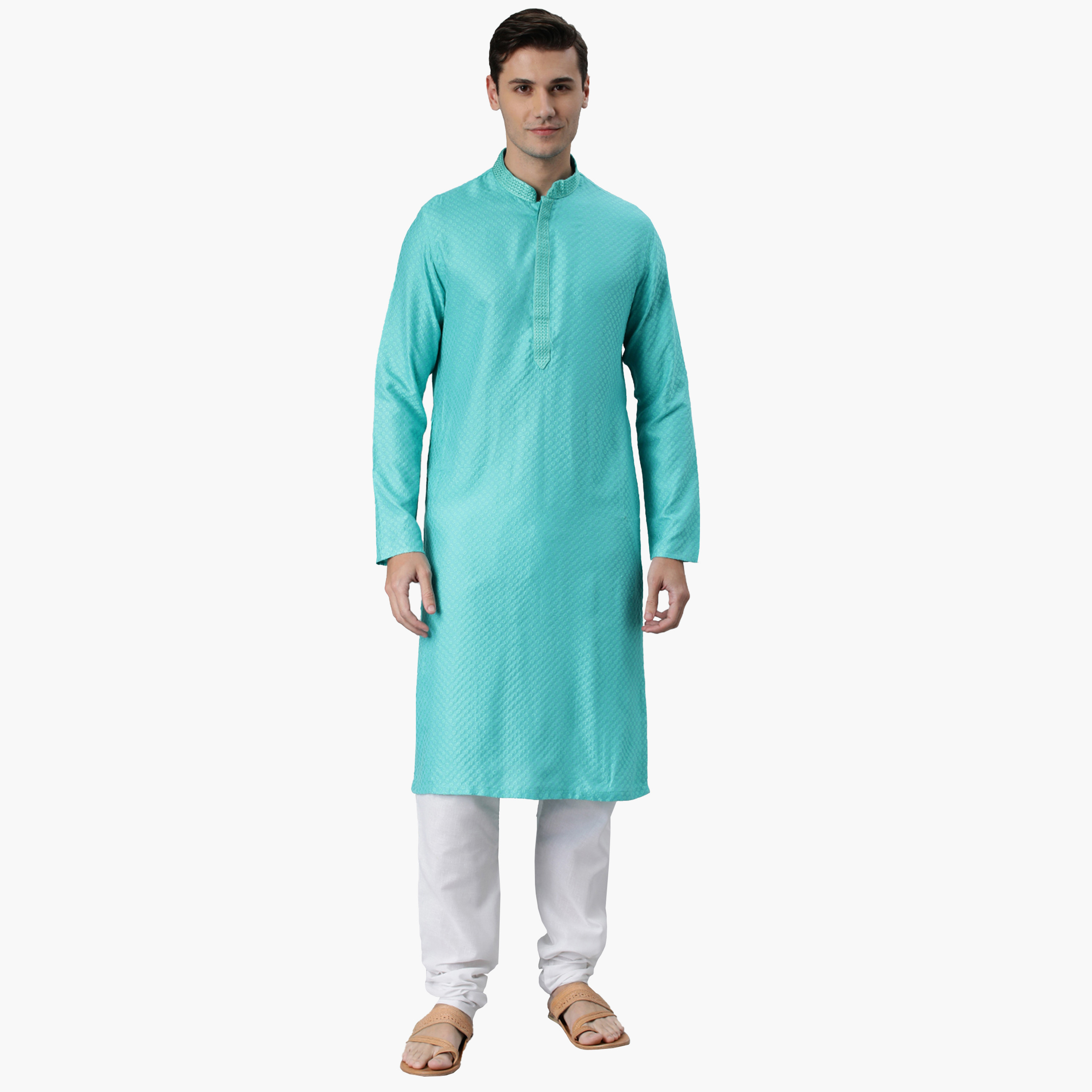 كورتا مانثان بياقة ماندرين قطنية مطرزة مع زر للإغلاق-men-clothing-ethnicwear-kurtas-image-1