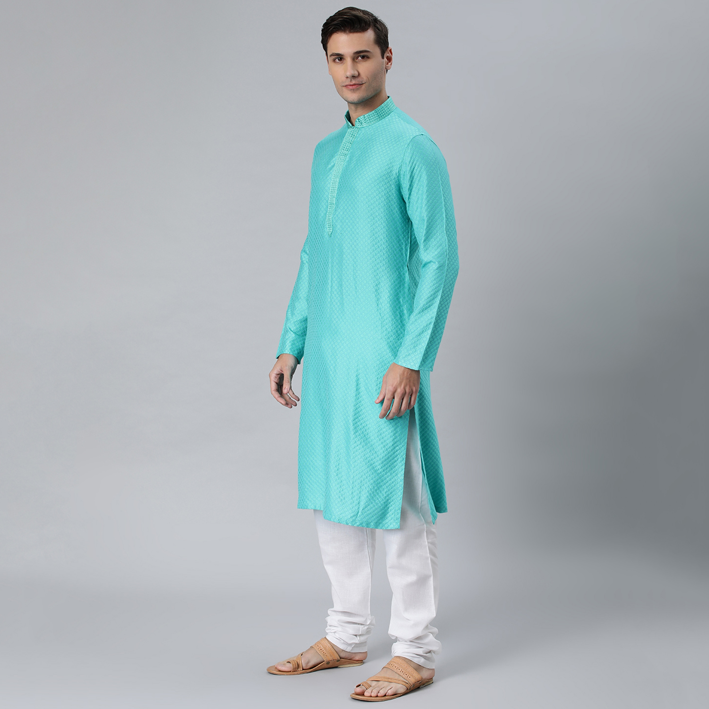 كورتا مانثان بياقة ماندرين قطنية مطرزة مع زر للإغلاق-men-clothing-ethnicwear-kurtas-image-2