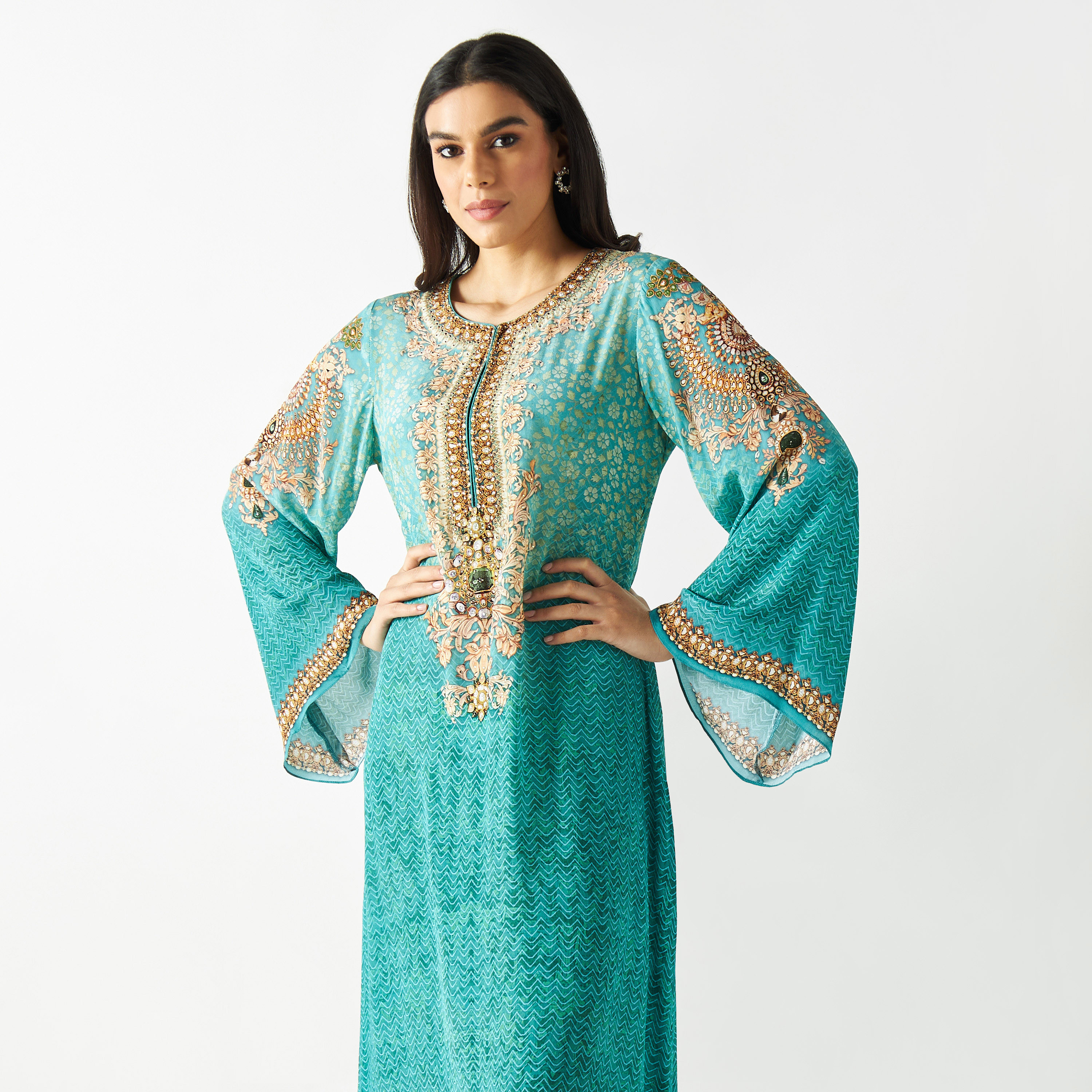 Embellished Round Neck Maxi Dress with Flared Sleeves-women-arabicclothing-kaftan-image-2