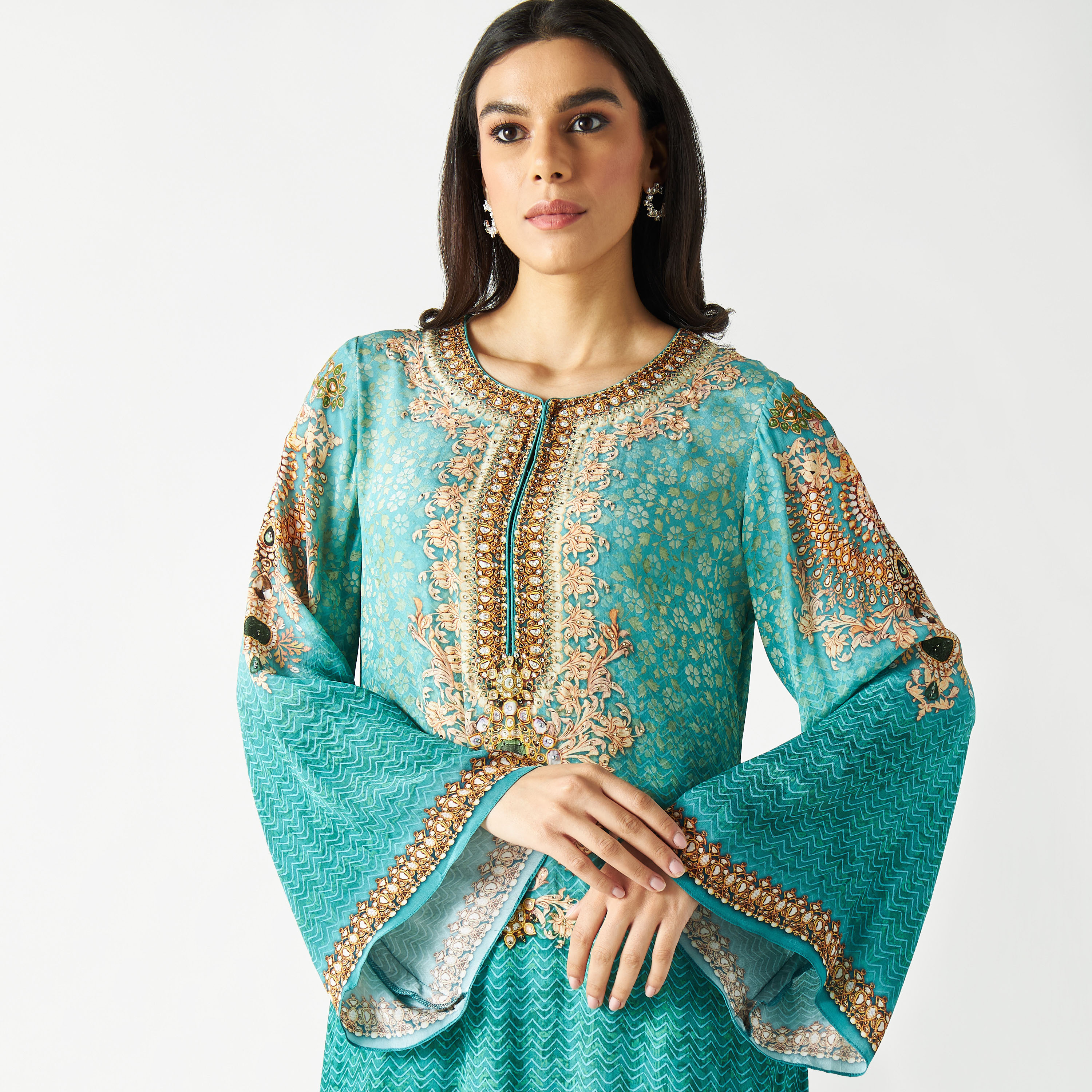 Embellished Round Neck Maxi Dress with Flared Sleeves-women-arabicclothing-kaftan-image-3