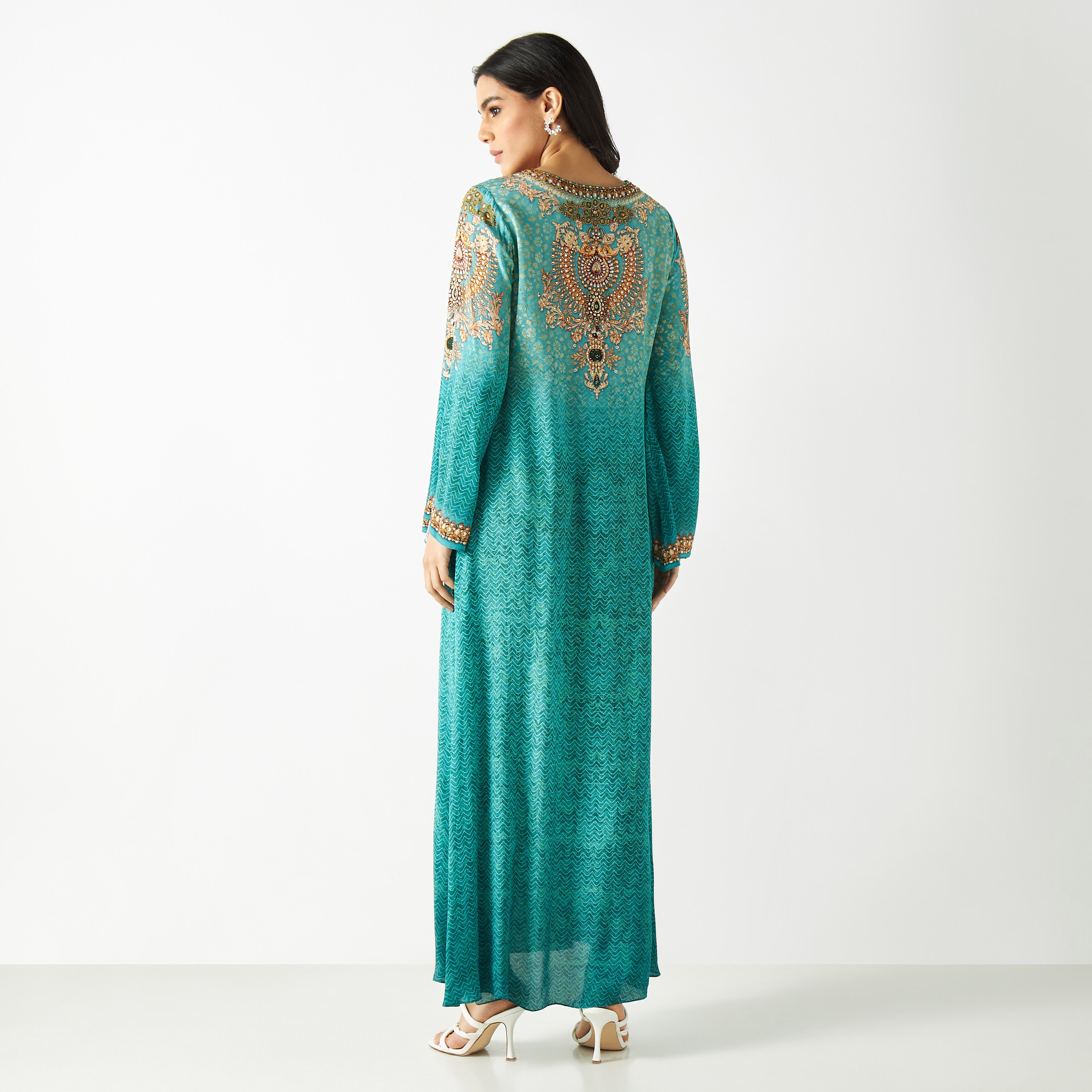 Embellished Round Neck Maxi Dress with Flared Sleeves-women-arabicclothing-kaftan-image-5