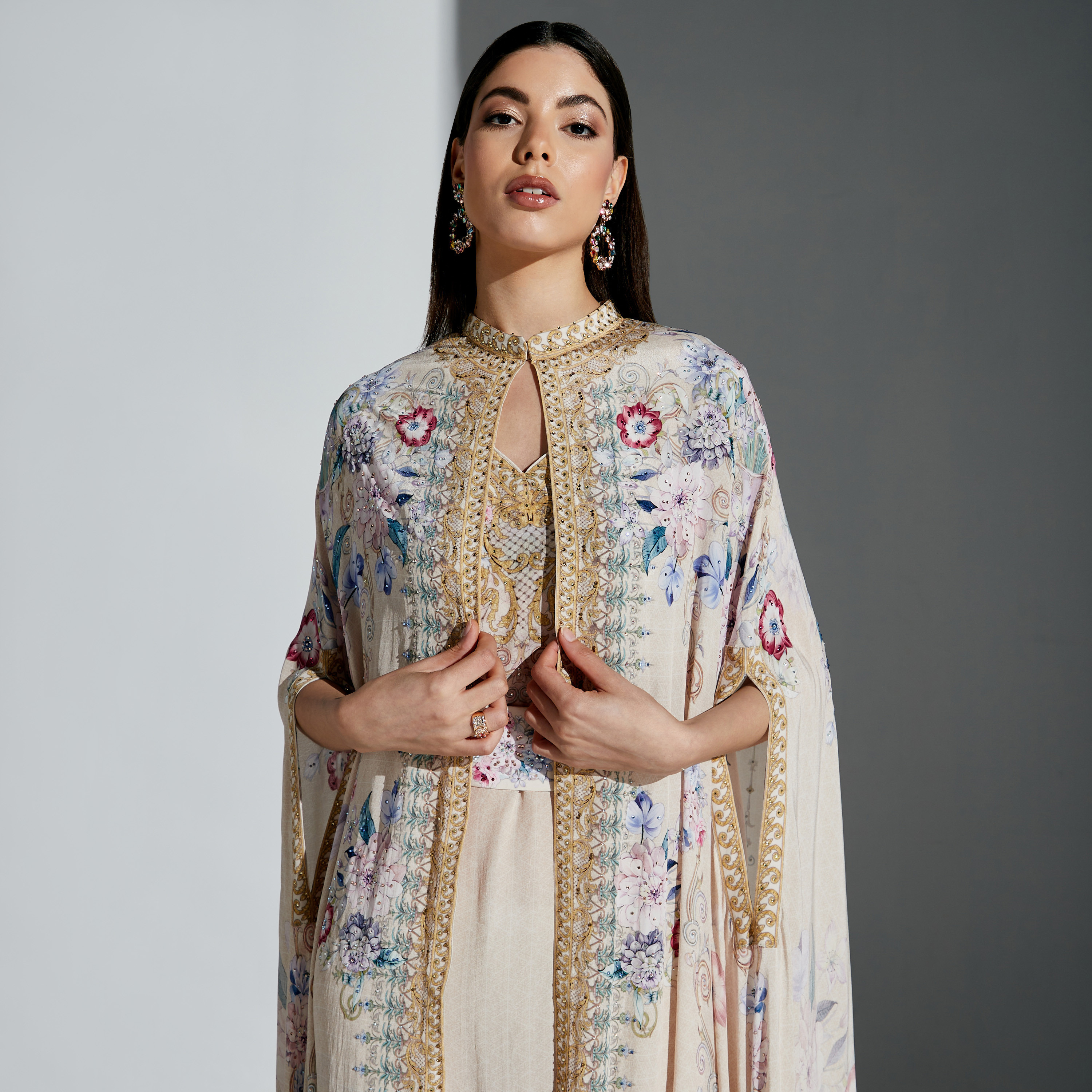 Nirraamyaa 2-Piece Printed Maxi Cape Dress with Emebellished Detail-women-arabicclothing-kaftan-image-2